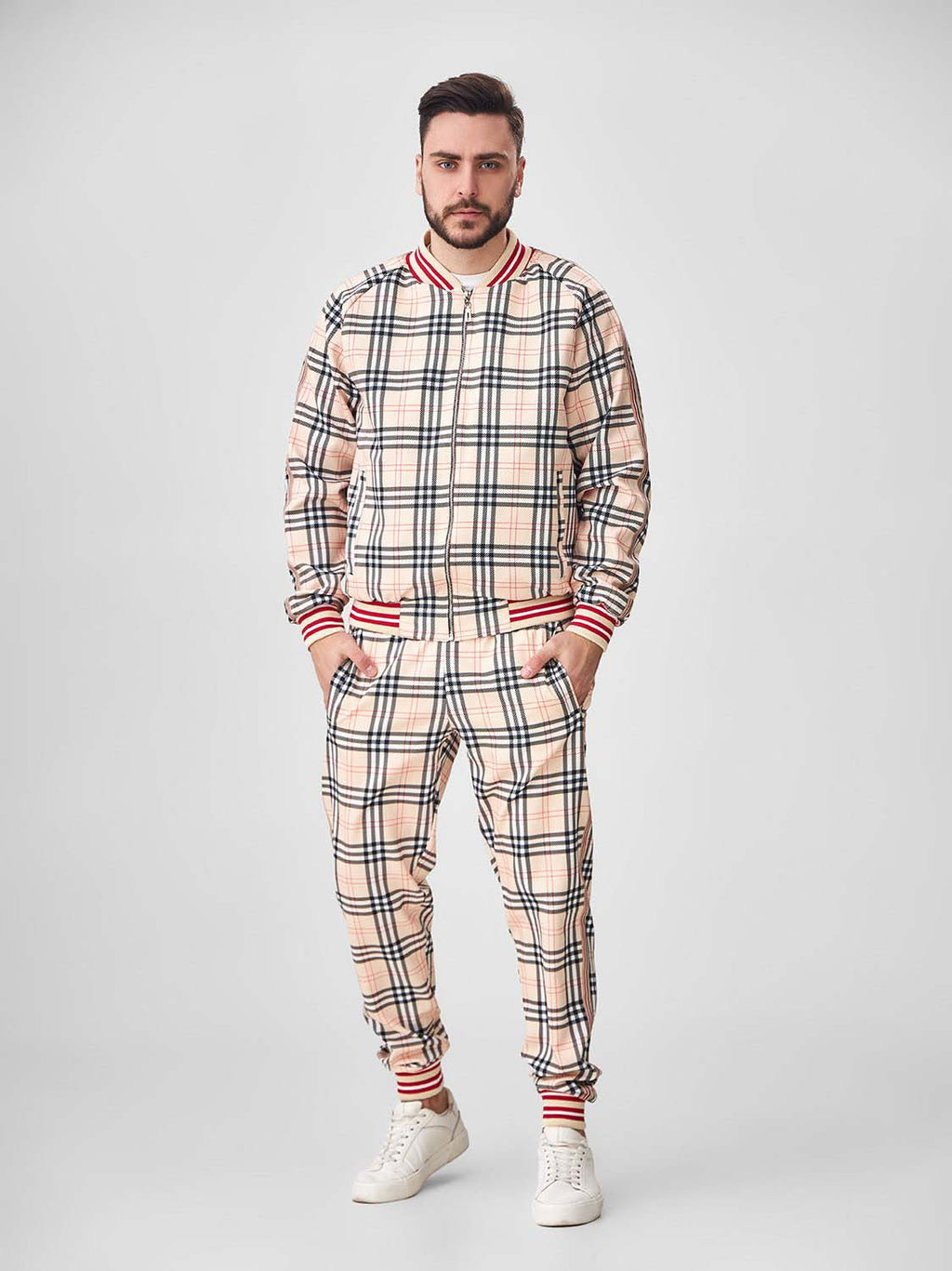 Cream Plaid Gentlemen Tracksuit — plaid bomber jacket and joggers, front view