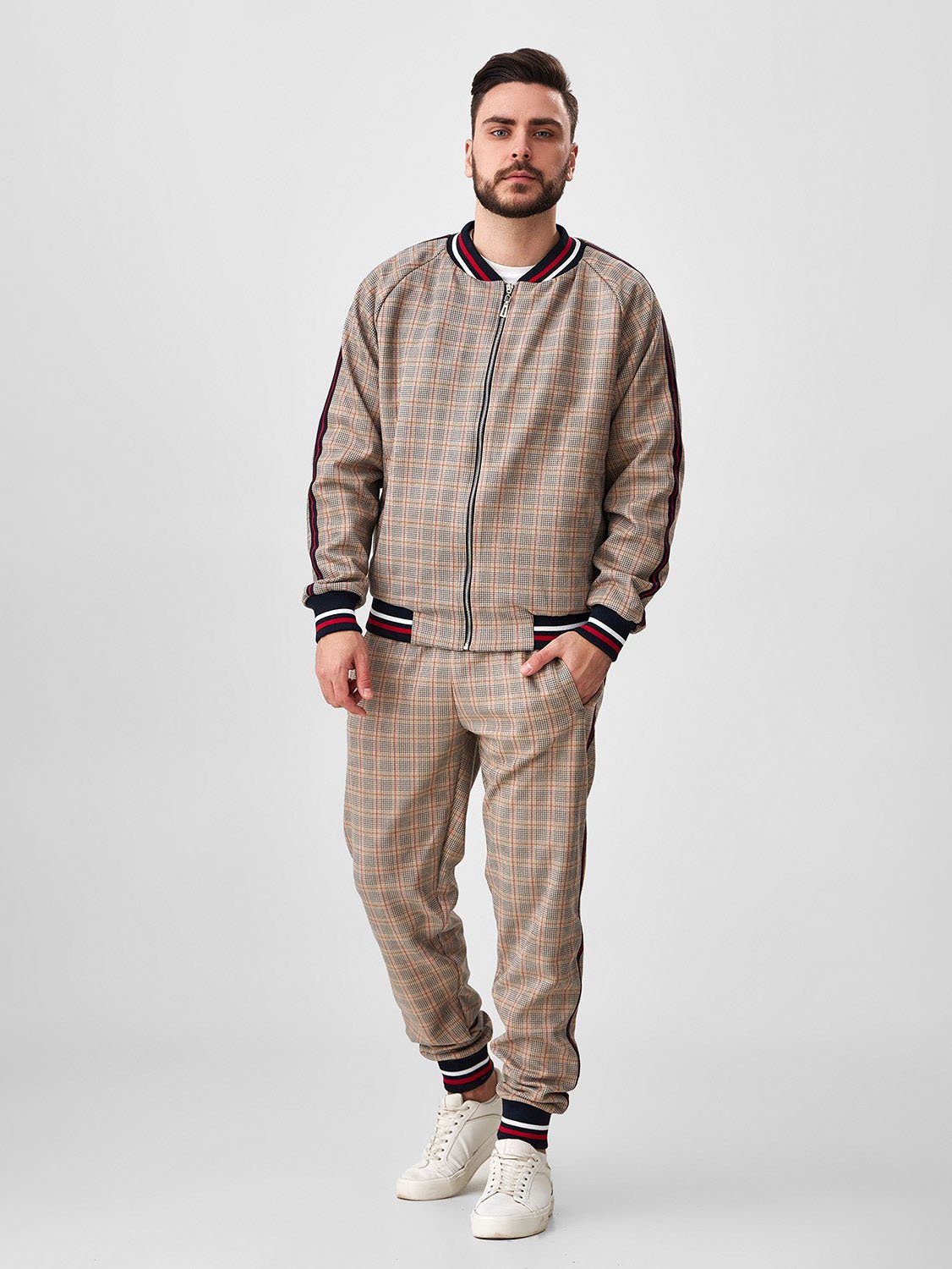 Beige Plaid Gentlemen Tracksuit — plaid bomber jacket and joggers, front view