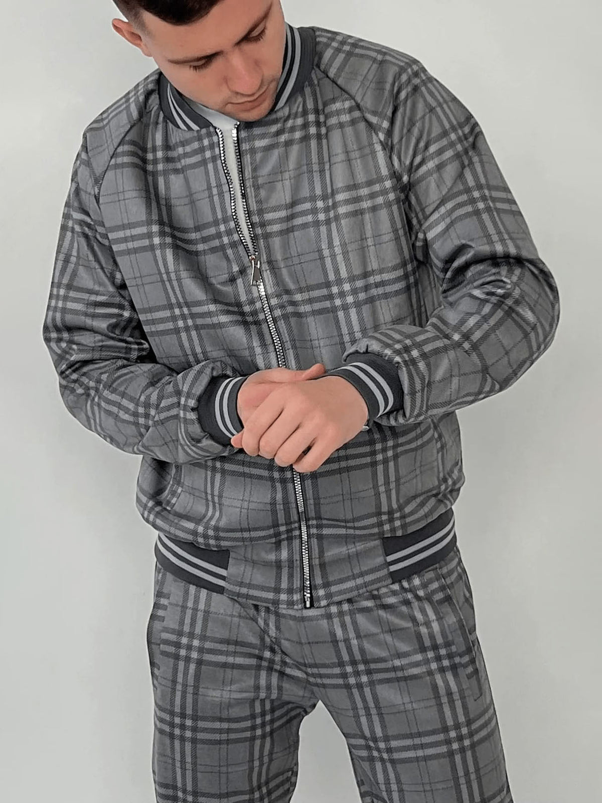 Tartan Tracksuit — tartan bomber jacket and joggers inspired by The Gentlemen, jacket close-up