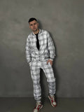 White Colin Farrell Tartan Tracksuit — tartan bomber jacket and joggers inspired by The Gentlemen, front view