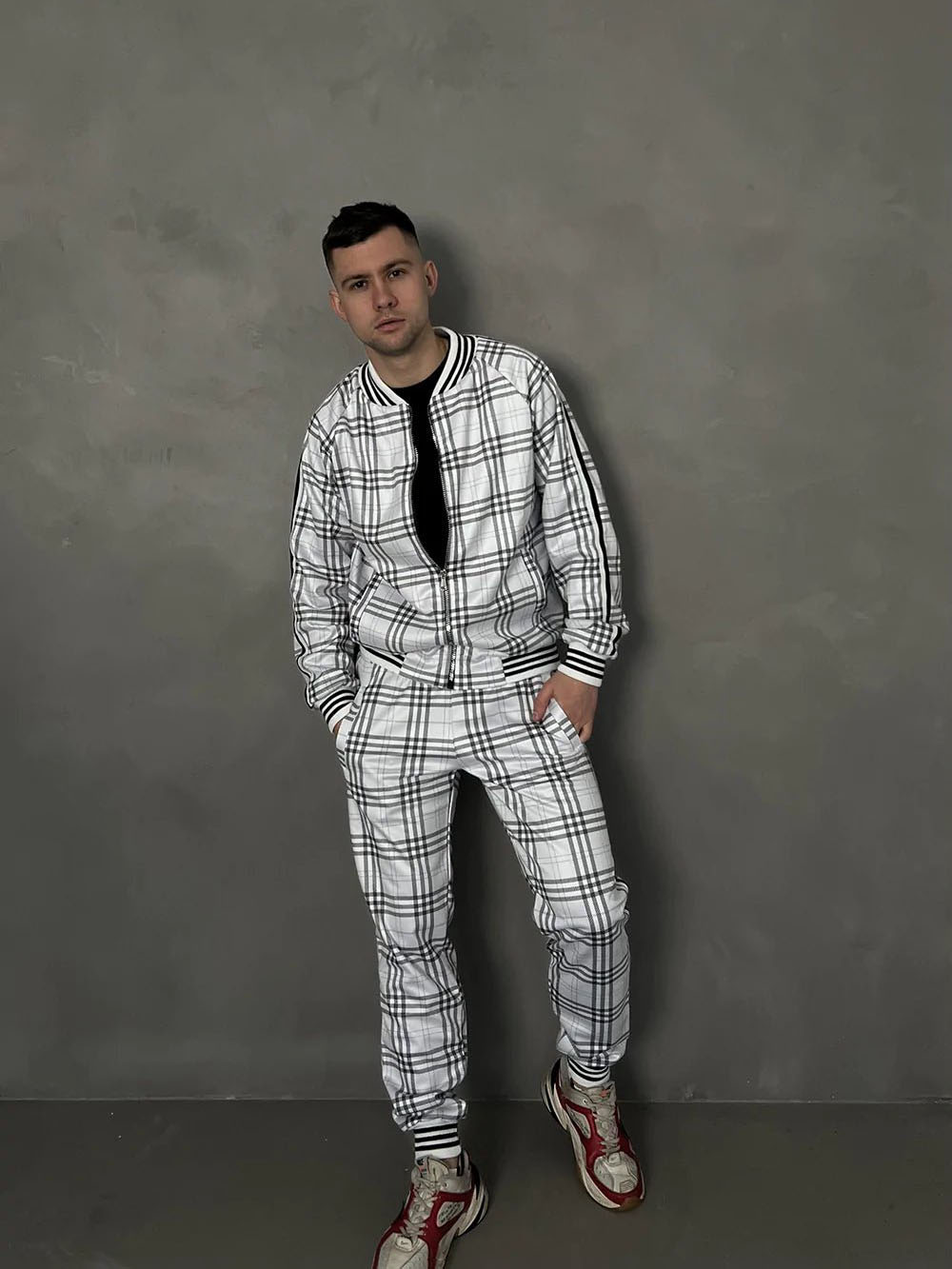 White Colin Farrell Tartan Tracksuit — tartan bomber jacket and joggers inspired by The Gentlemen, front view