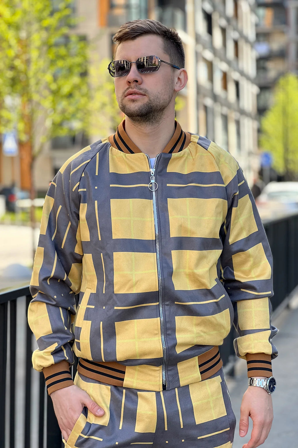 Black and Yellow Windowpane Tracksuit — windowpane bomber jacket and joggers inspired by The Gentlemen, jacket close-up