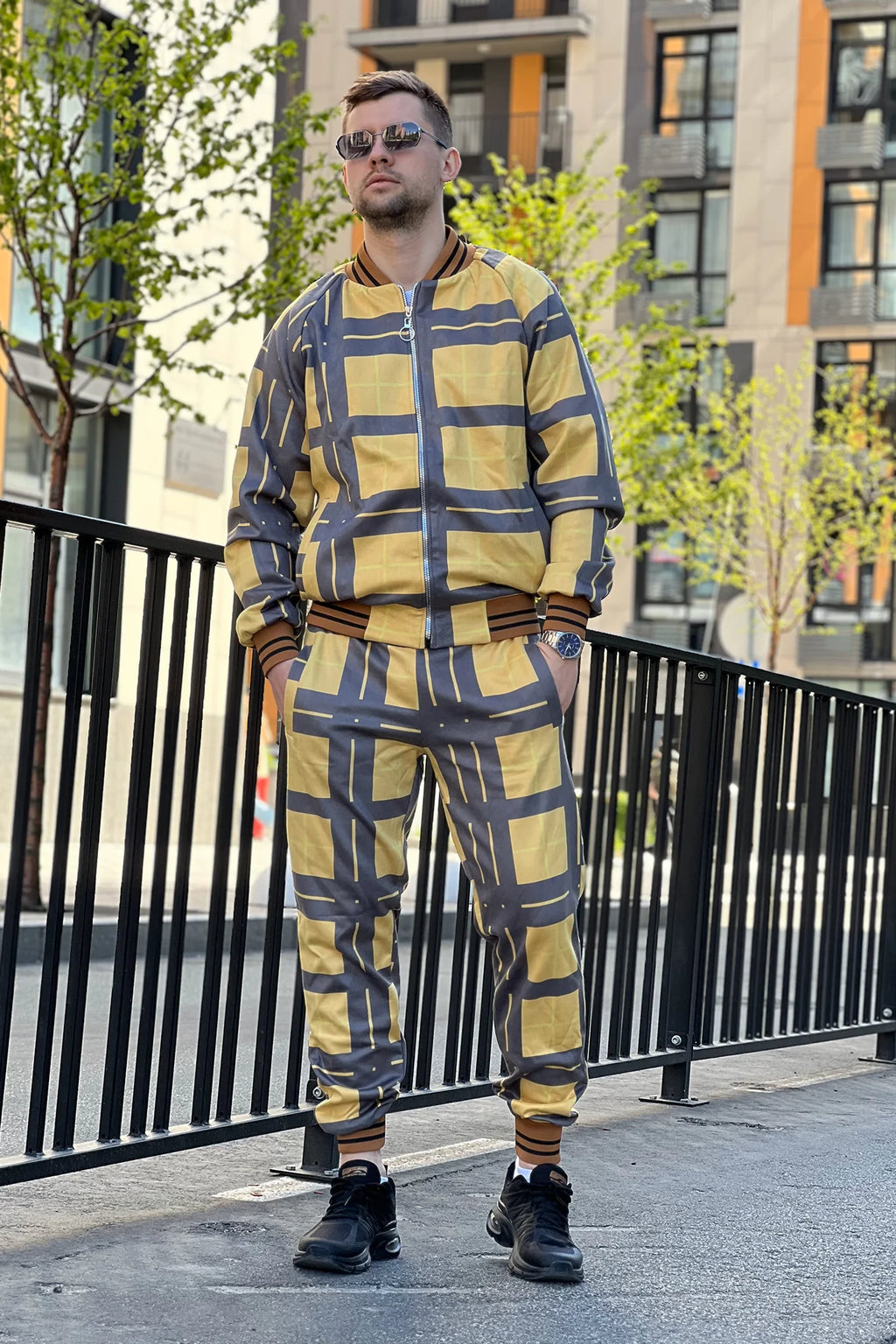 Black and Yellow Windowpane Tracksuit — front view