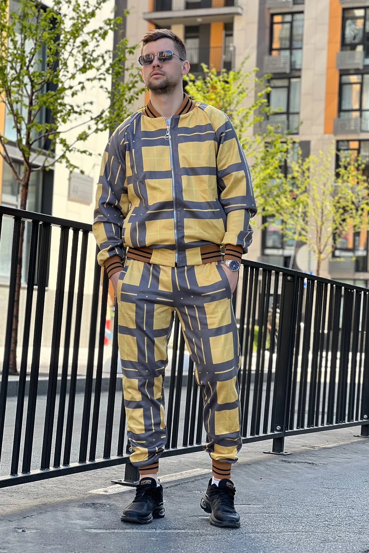 Black and Yellow Windowpane Tracksuit — front view