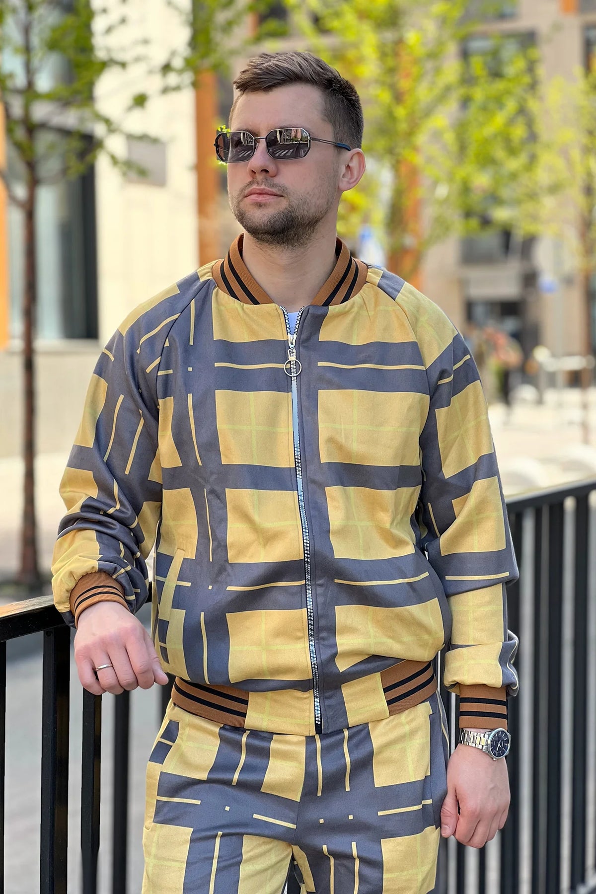 Black and Yellow Windowpane Tracksuit — close-up of the bomber jacket, another angle