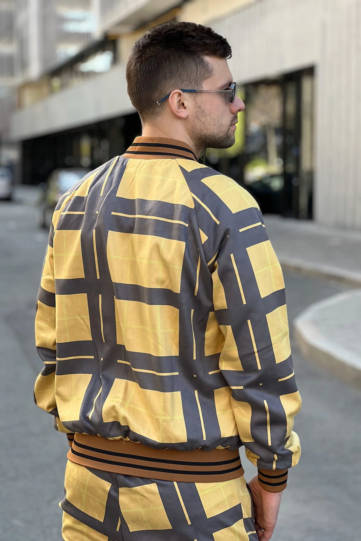 Black and Yellow Windowpane Tracksuit — close-up of the jacket back