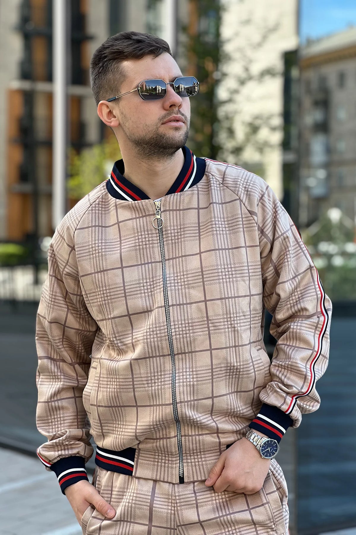 Sand British Gentlemen Tracksuit — close-up of the bomber jacket, another angle