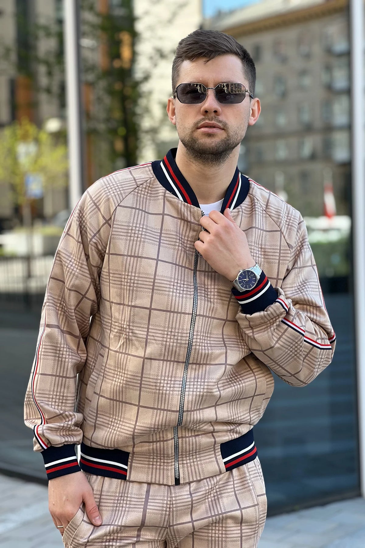 Sand British Gentlemen Tracksuit — close-up of the bomber jacket, three-quarter view