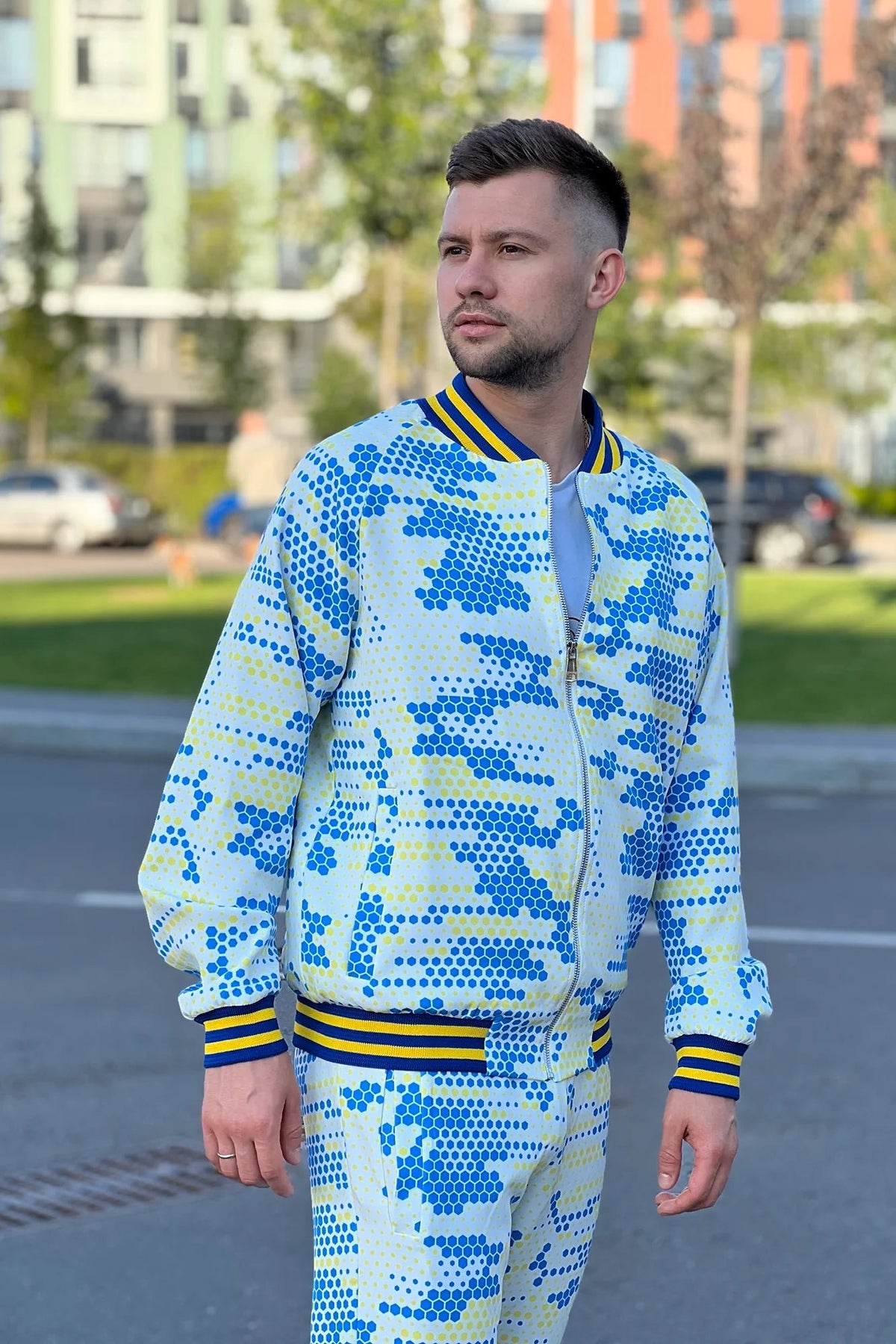 Champion Style Gentlemen Tracksuit — patterned bomber jacket and joggers, jacket close-up