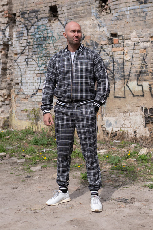 Premium Ash Grey British Tartan Gentlemen Tracksuit — tartan bomber jacket and joggers, front view