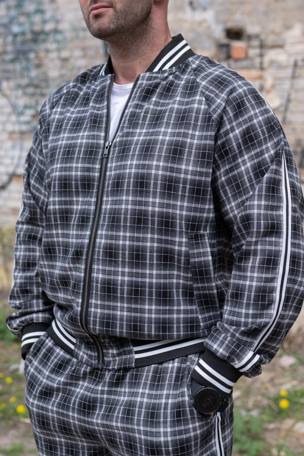 Premium Ash Grey British Tartan Gentlemen Tracksuit — close-up of the bomber jacket
