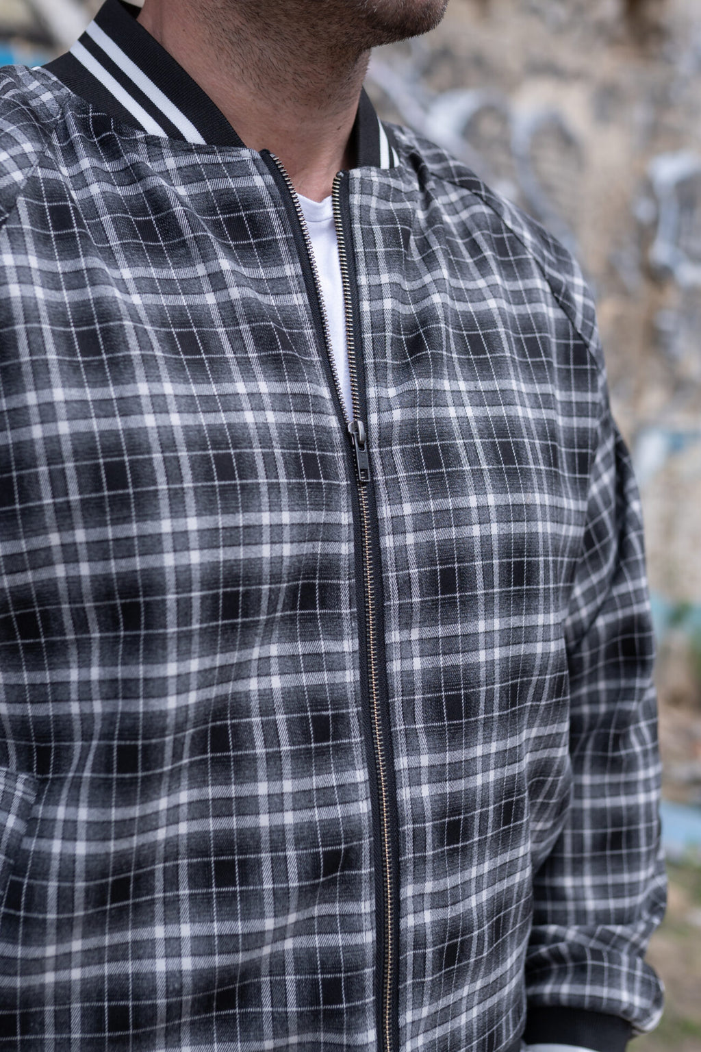 Premium Ash Grey British Tartan Gentlemen Tracksuit — close-up of the collar and zipper