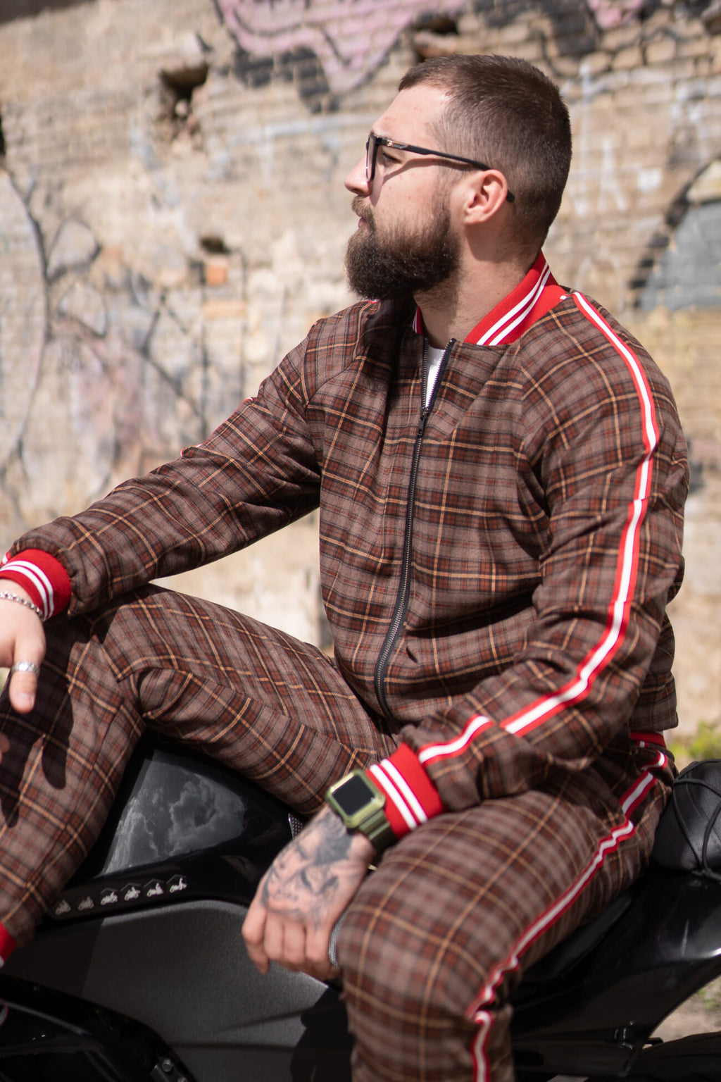 Premium Coffee Checkered Gentlemen Tracksuit — seated pose