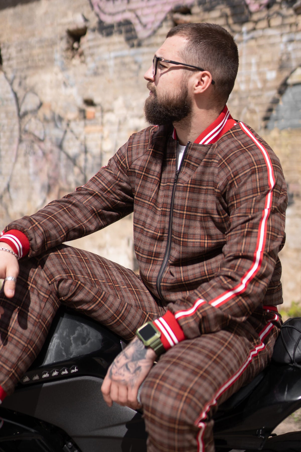 Premium Coffee Checkered Gentlemen Tracksuit — seated pose