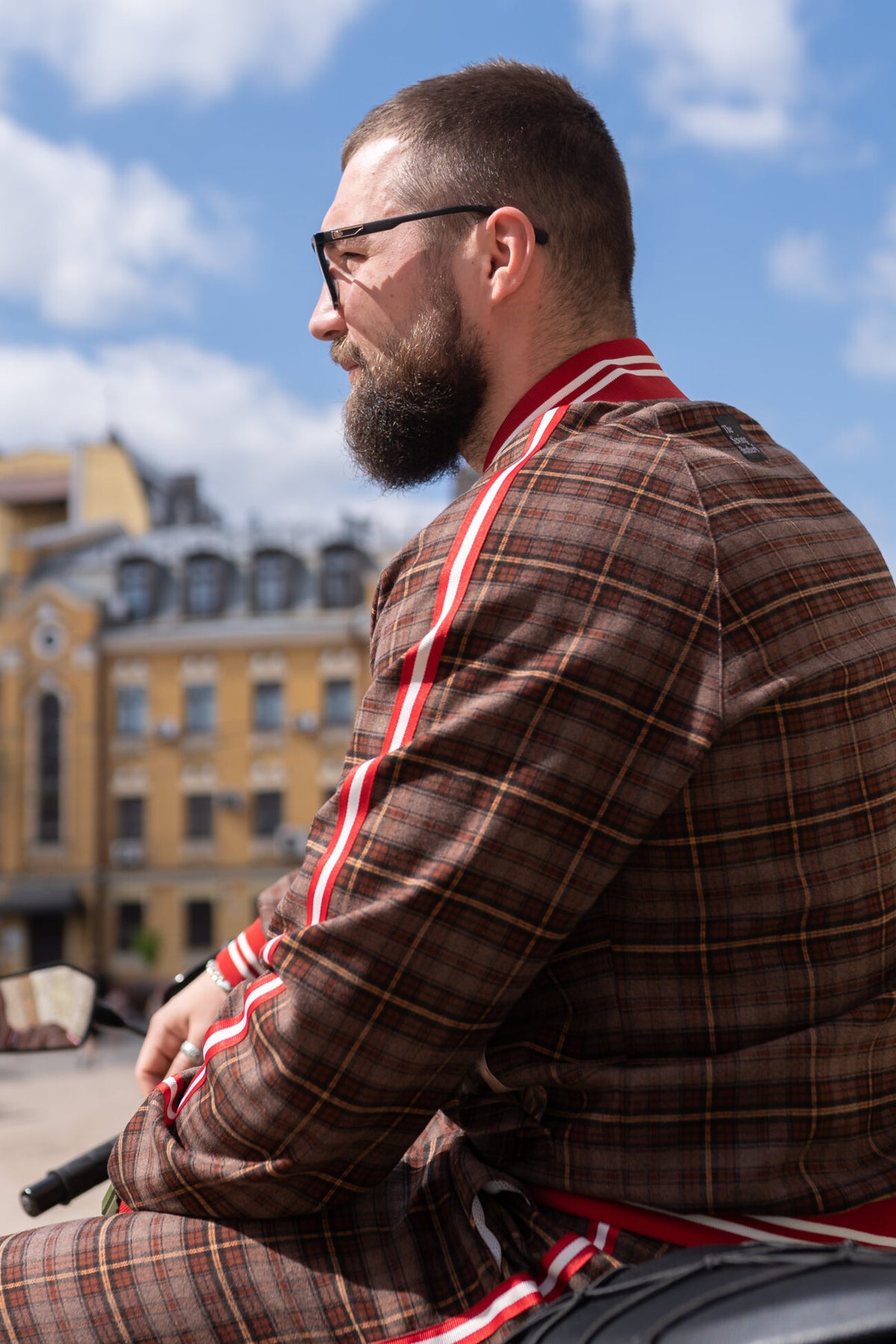 Premium Coffee Checkered Gentlemen Tracksuit — close-up of the jacket, side view