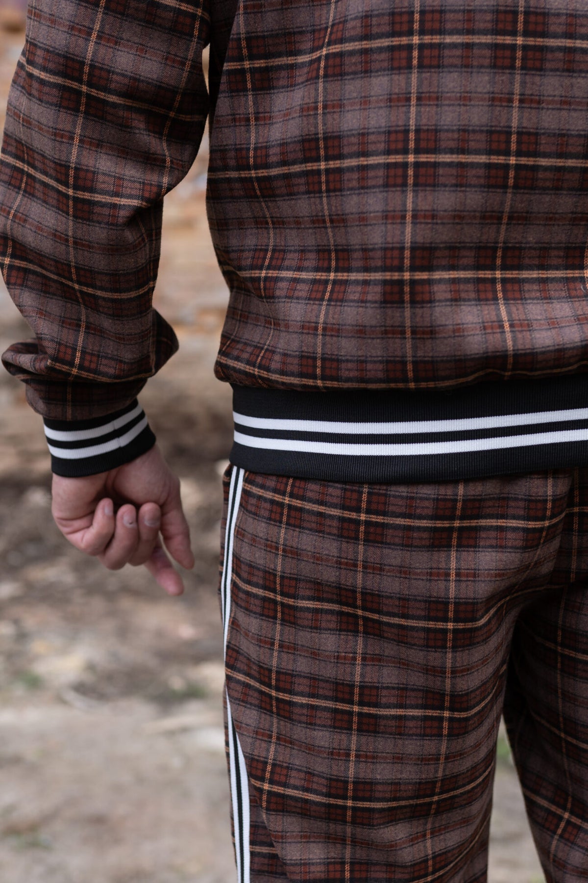Premium Brown Heritage Tartan Gentlemen Tracksuit — close-up of the cuff and side stripe