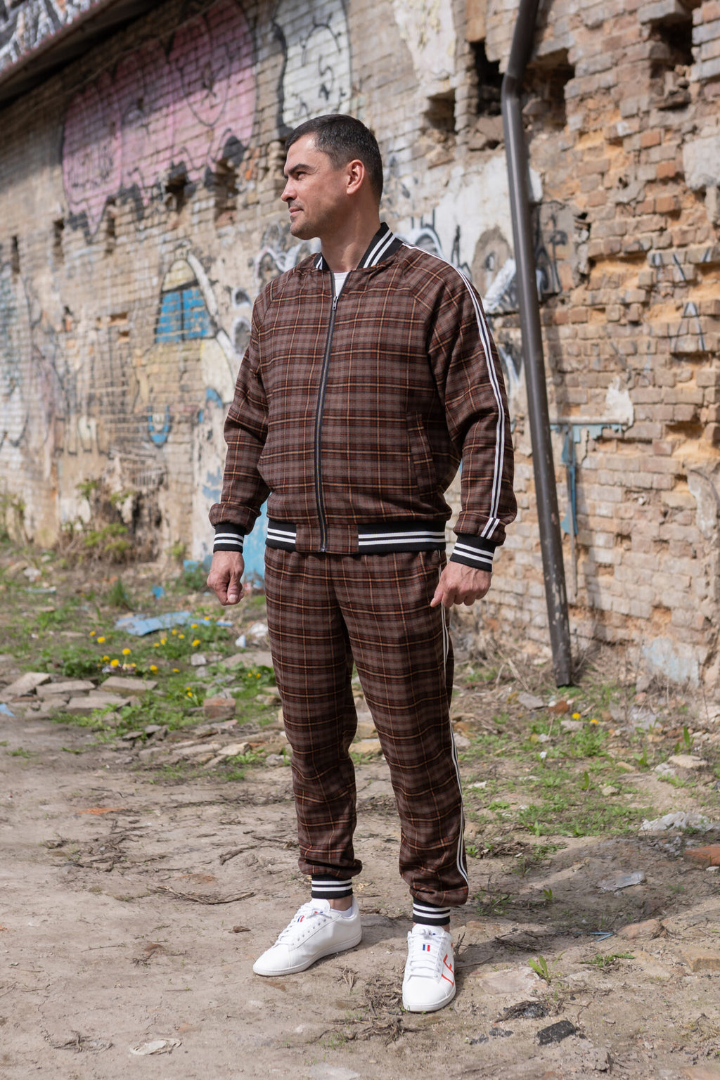 Premium Brown Heritage Tartan Gentlemen Tracksuit — tartan bomber jacket and joggers, front view