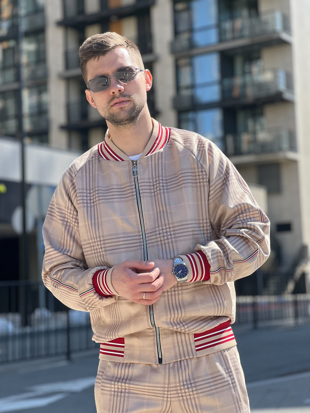 Light Beige Gentlemen Tracksuit — plaid bomber jacket and joggers, jacket close-up