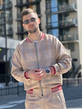 Light Beige Gentlemen Tracksuit — plaid bomber jacket and joggers, jacket close-up