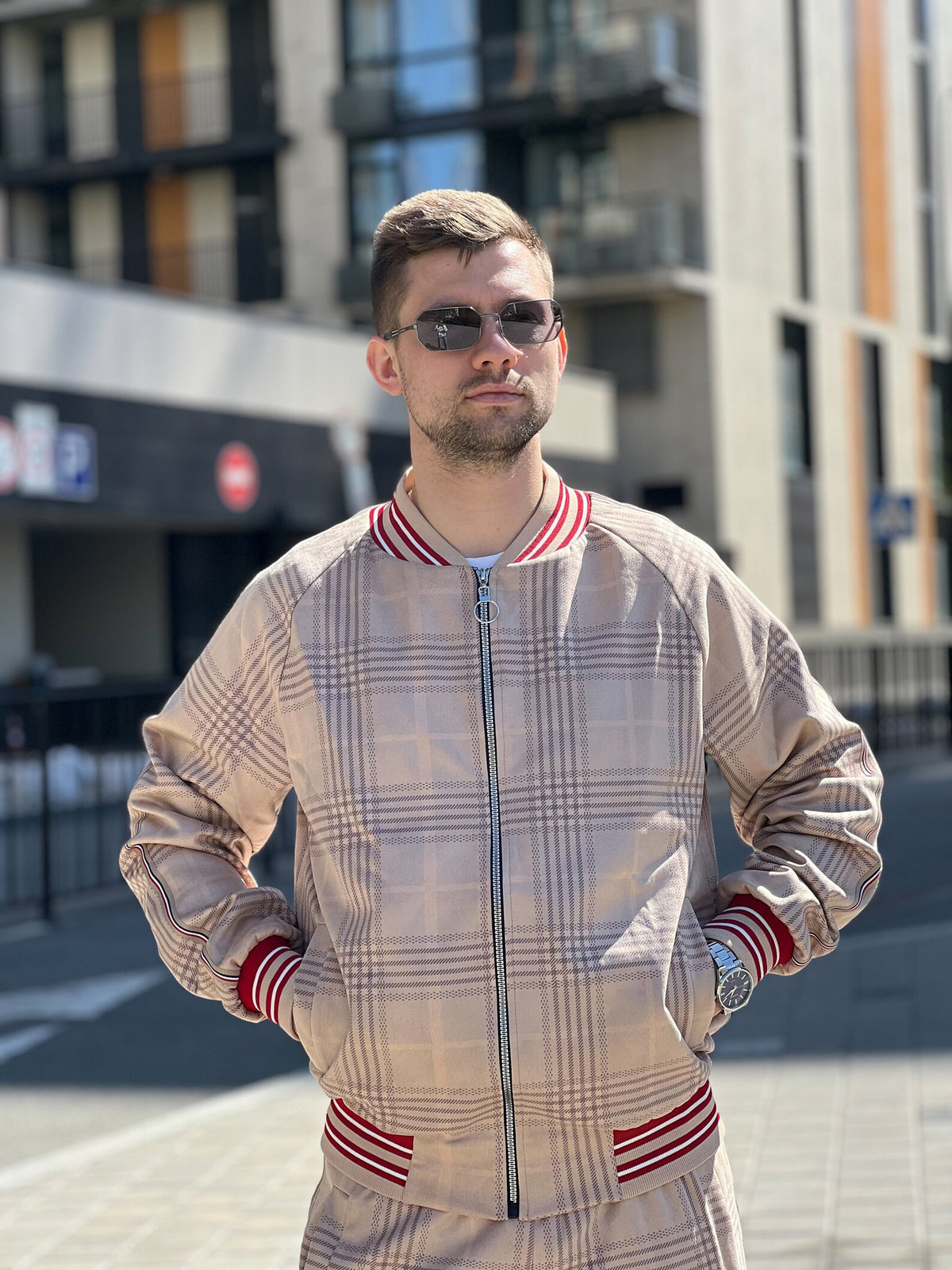 Light Beige Gentlemen Tracksuit — close-up of the bomber jacket, three-quarter view