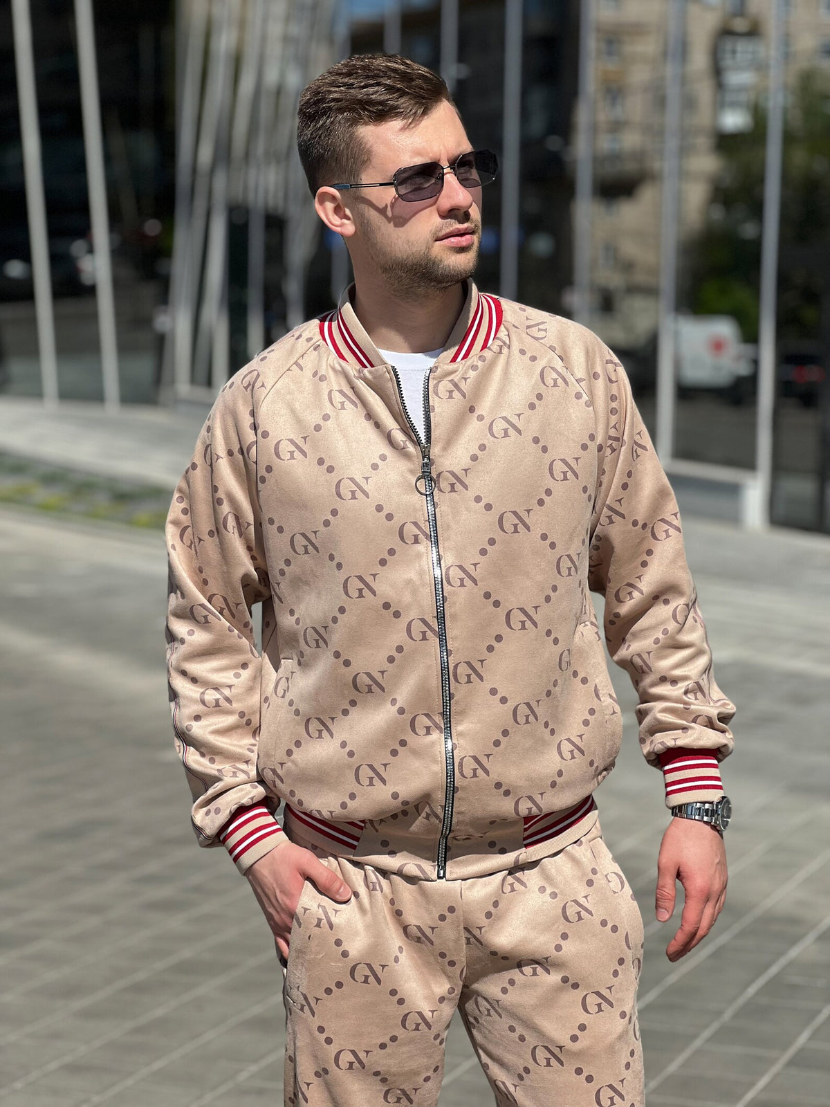 Soft Brown Monogram Gentlemen Tracksuit — monogram bomber jacket and joggers, jacket close-up