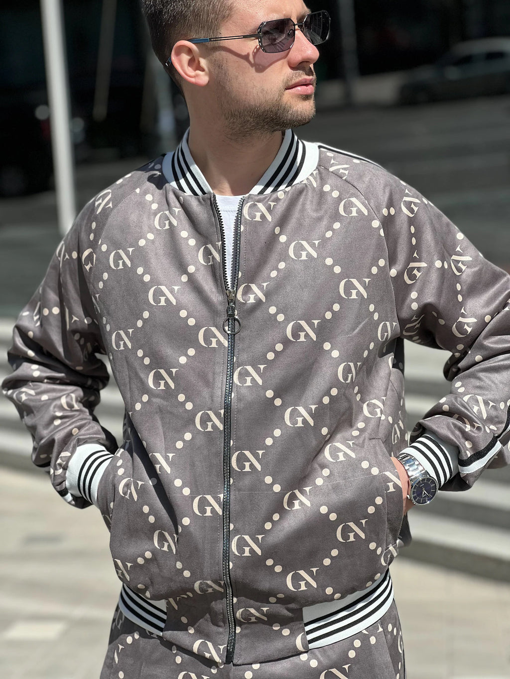 Graphite Monogram Gentlemen Tracksuit — monogram bomber jacket and joggers, jacket close-up