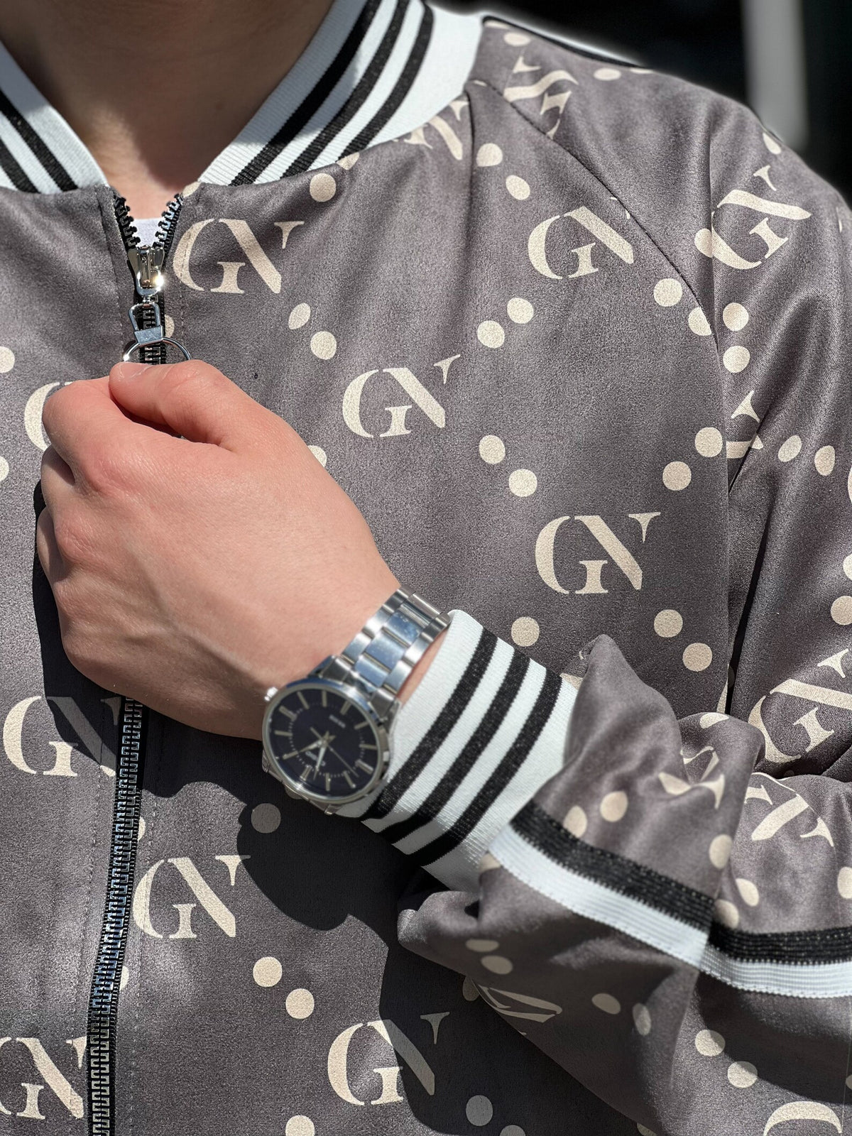 Graphite Monogram Gentlemen Tracksuit — close-up of the zipper and cuff