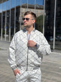 Pearl White Monogram Gentlemen Tracksuit — monogram bomber jacket and joggers, jacket close-up