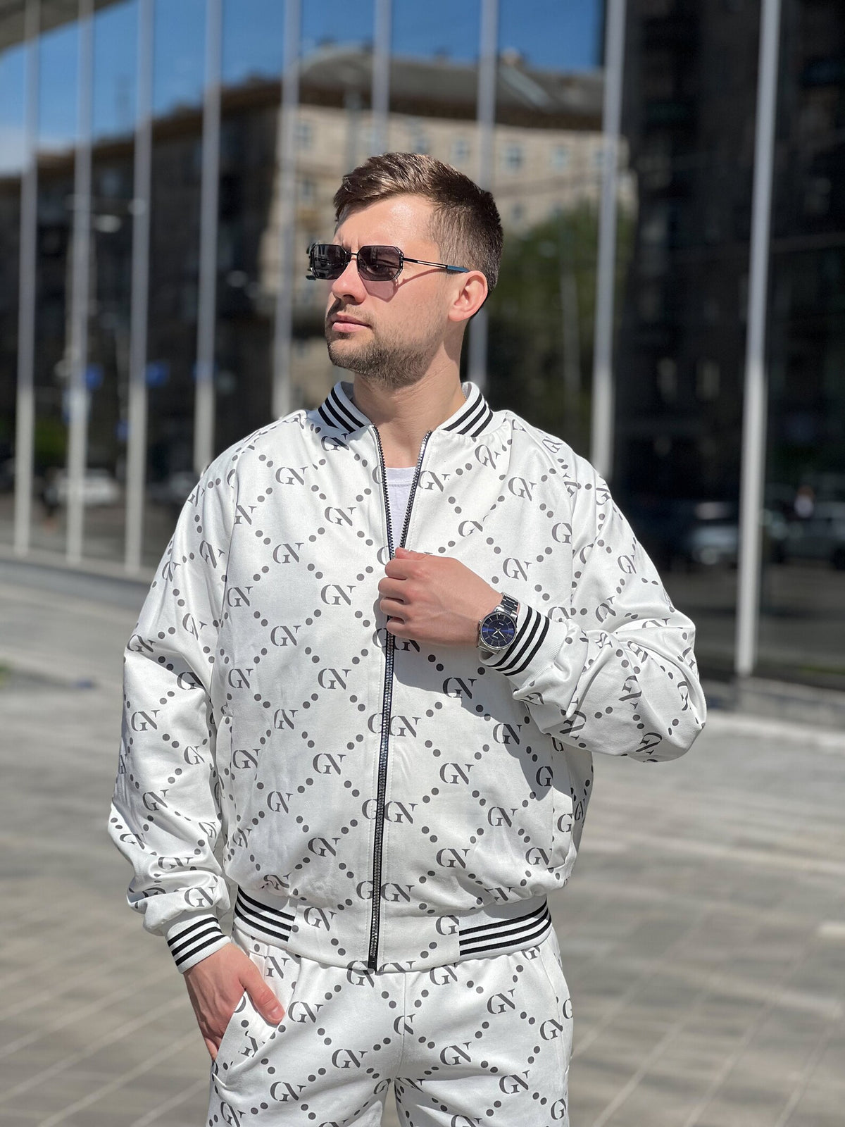 Pearl White Monogram Gentlemen Tracksuit — monogram bomber jacket and joggers, jacket close-up