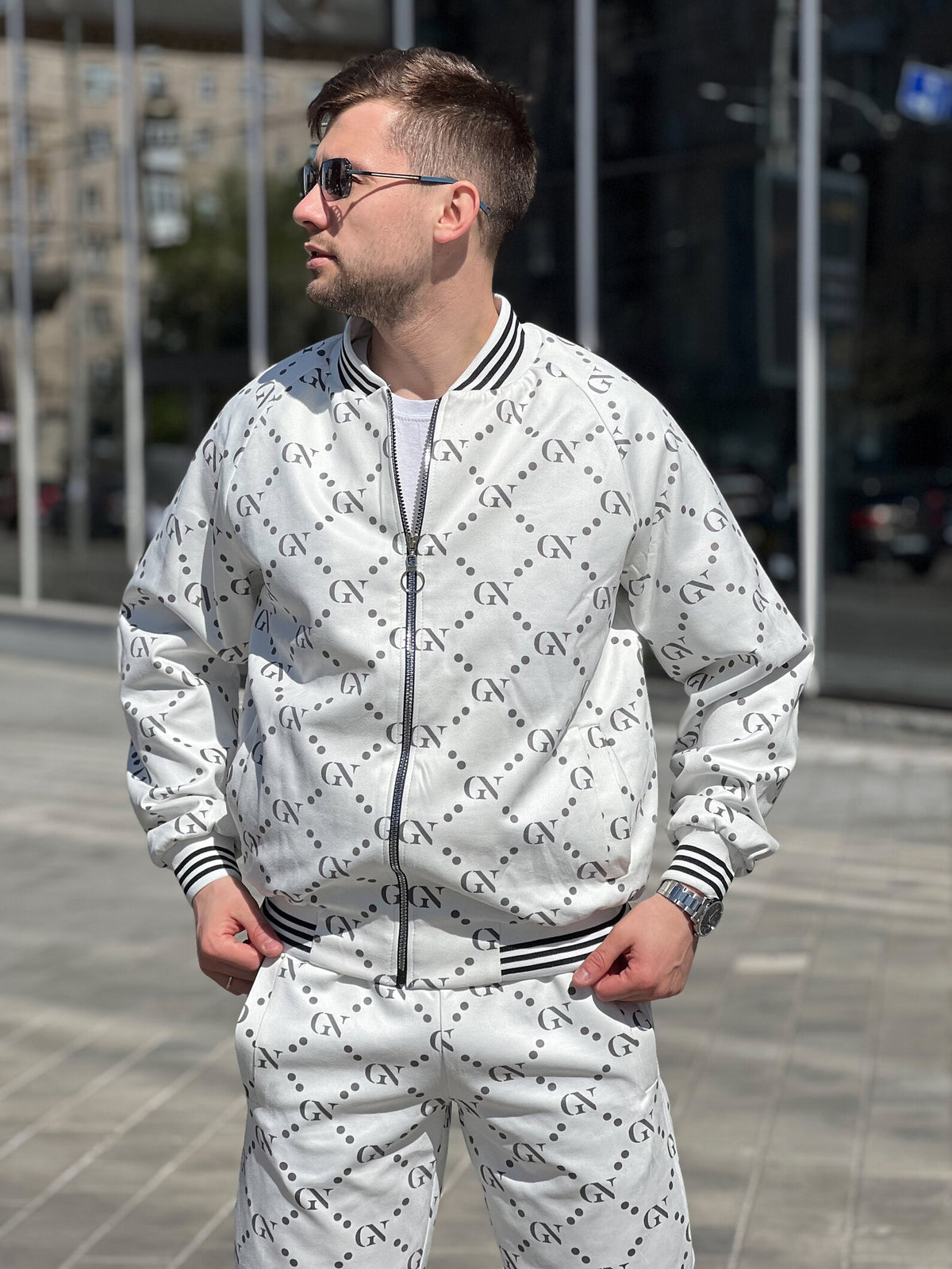 Pearl White Monogram Gentlemen Tracksuit — close-up of the bomber jacket, three-quarter view