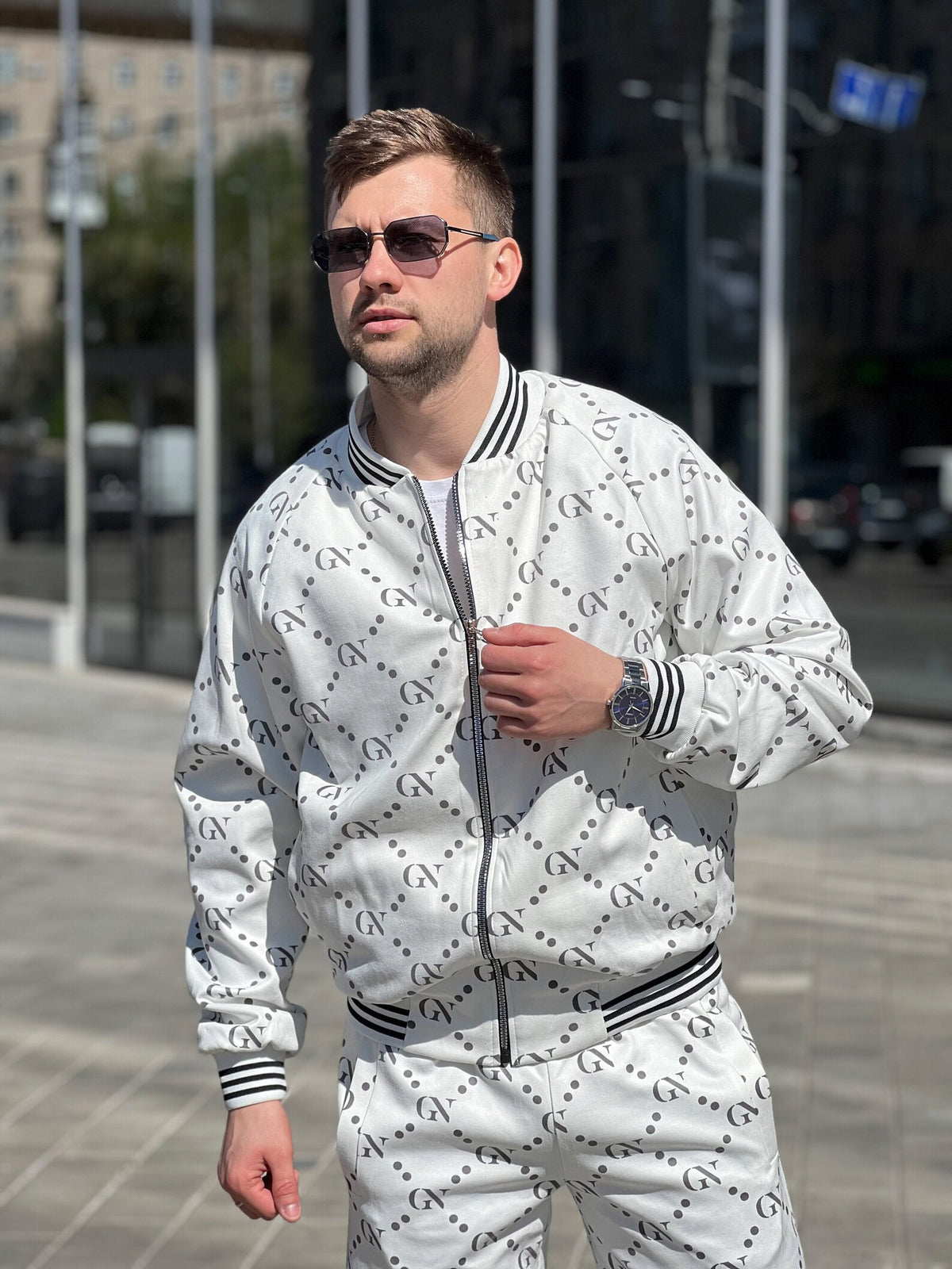 Pearl White Monogram Gentlemen Tracksuit — close-up of the bomber jacket, another angle