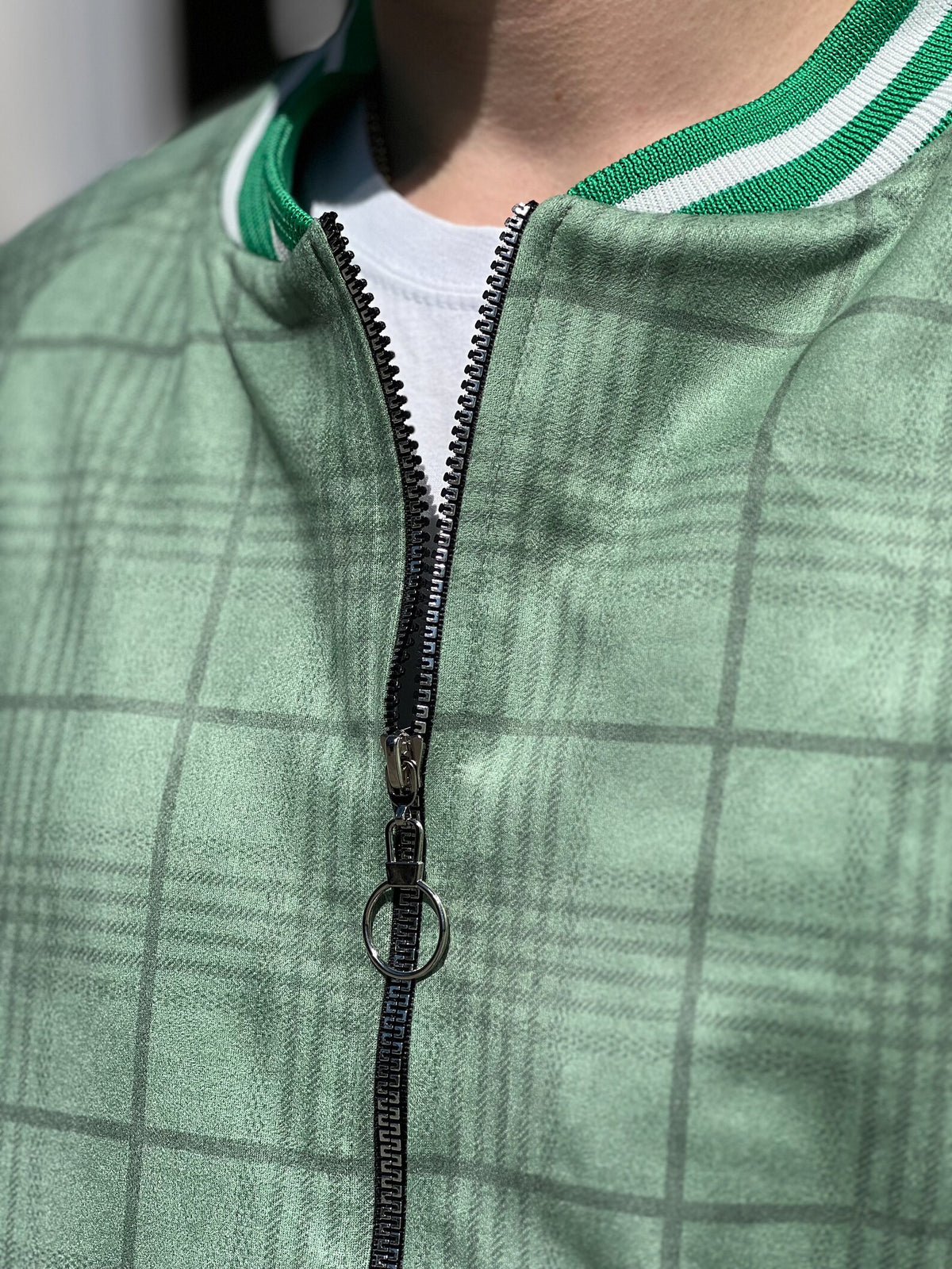 Vivid Green Plaid Gentlemen Tracksuit — close-up of the collar and zipper