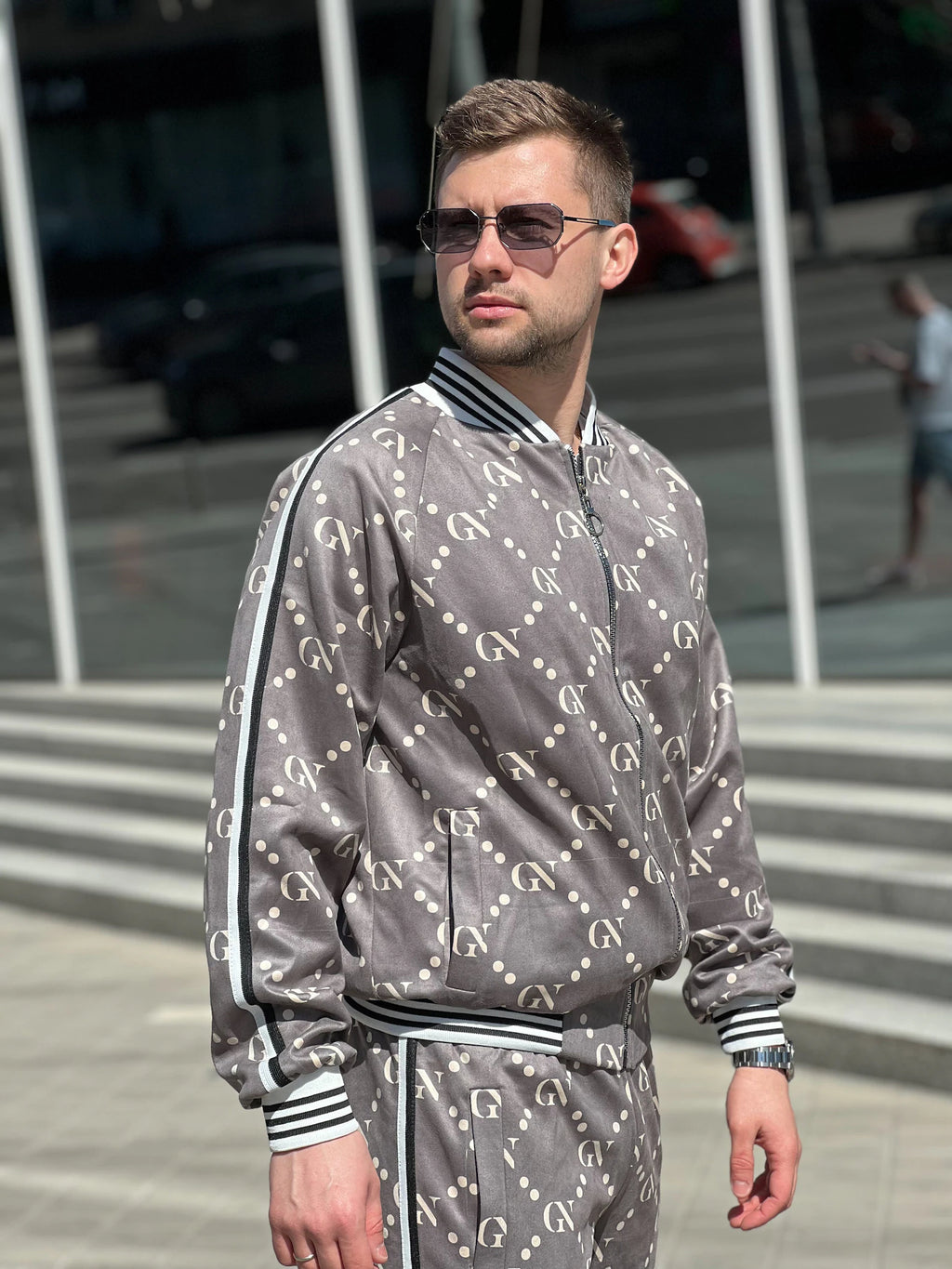 Graphite Monogram Gentlemen Tracksuit — close-up of the jacket, side view