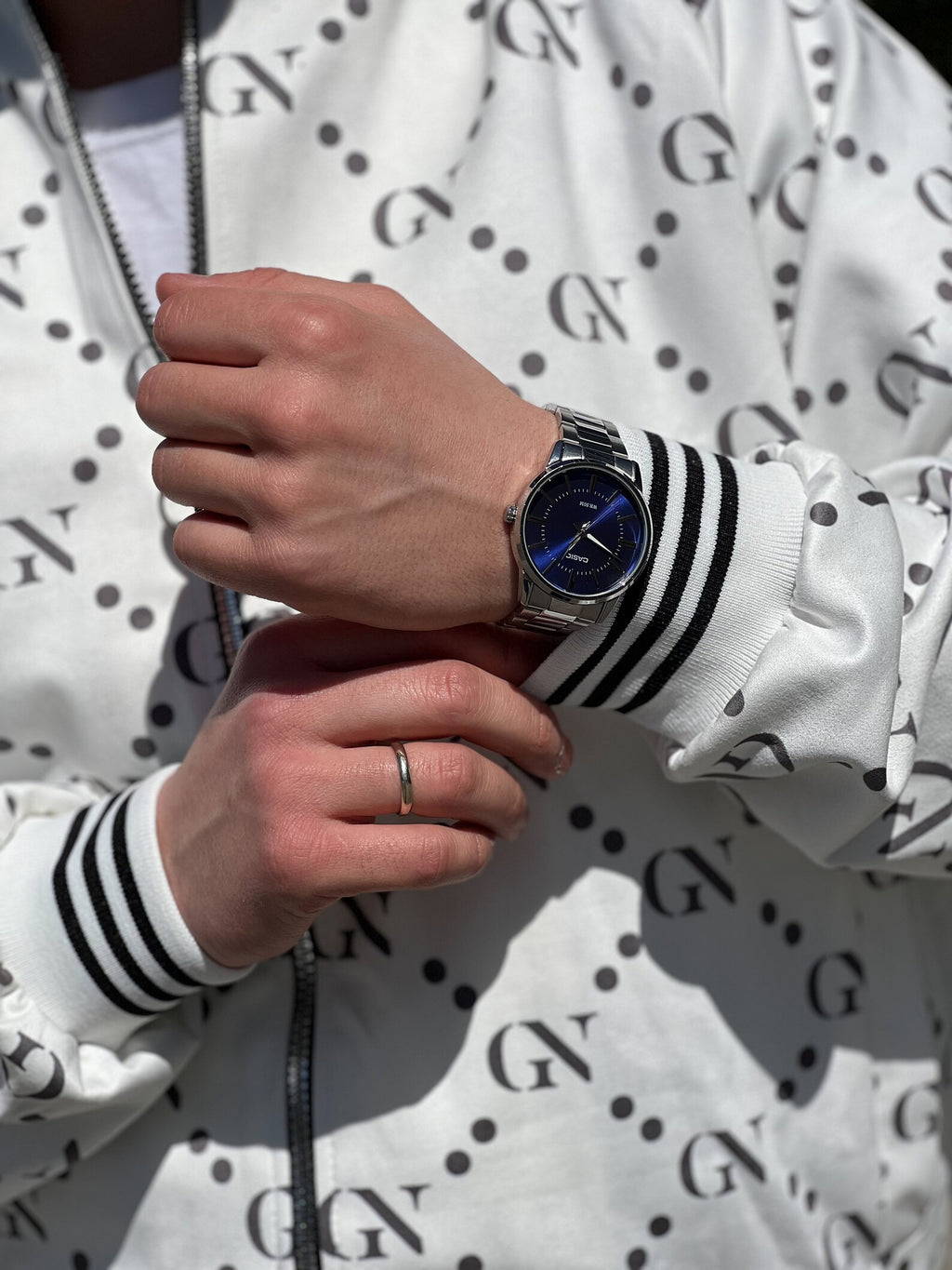Pearl White Monogram Gentlemen Tracksuit — close-up of the ribbed cuff
