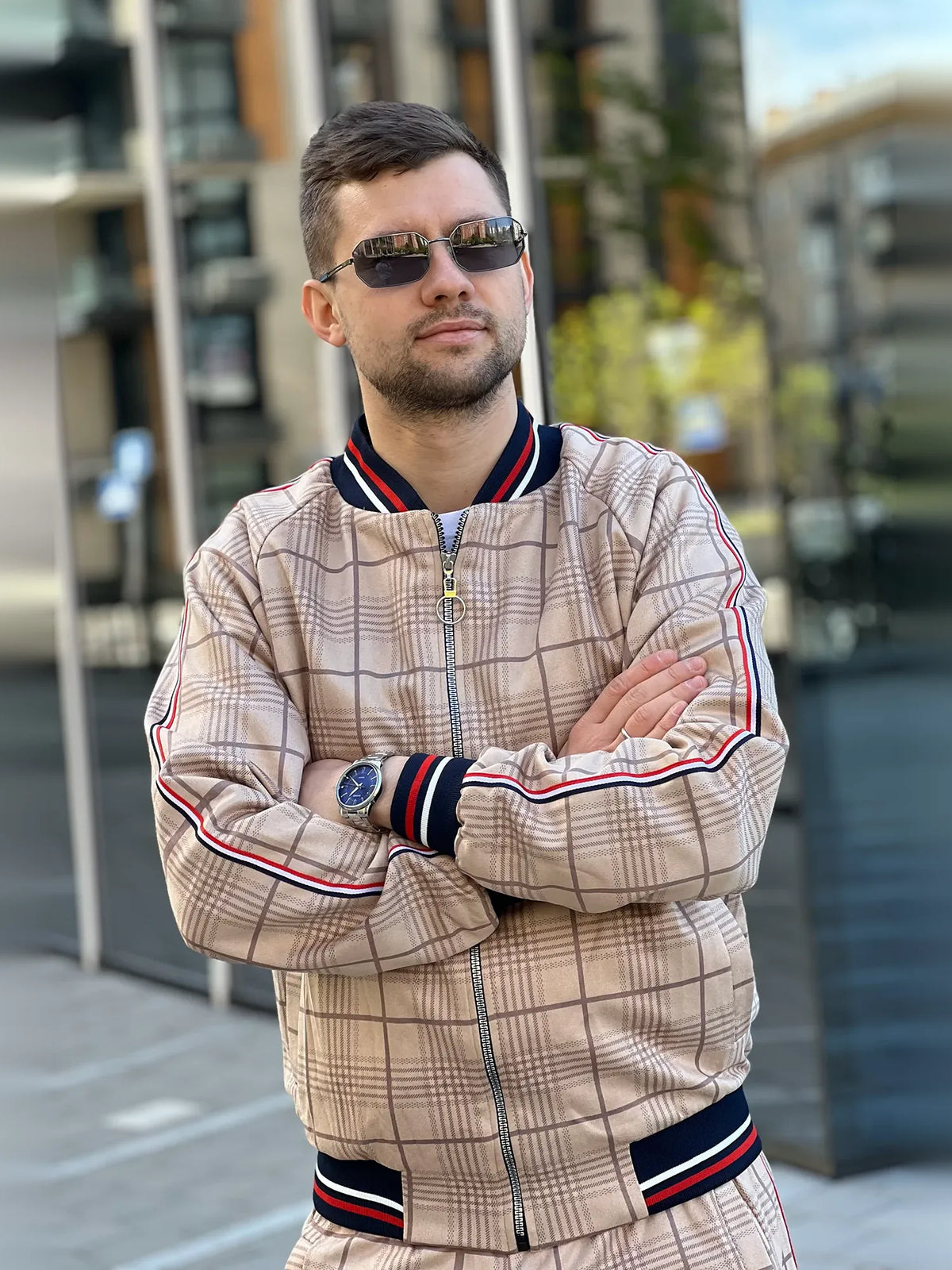 Sand British Gentlemen Tracksuit — plaid bomber jacket and joggers, jacket close-up