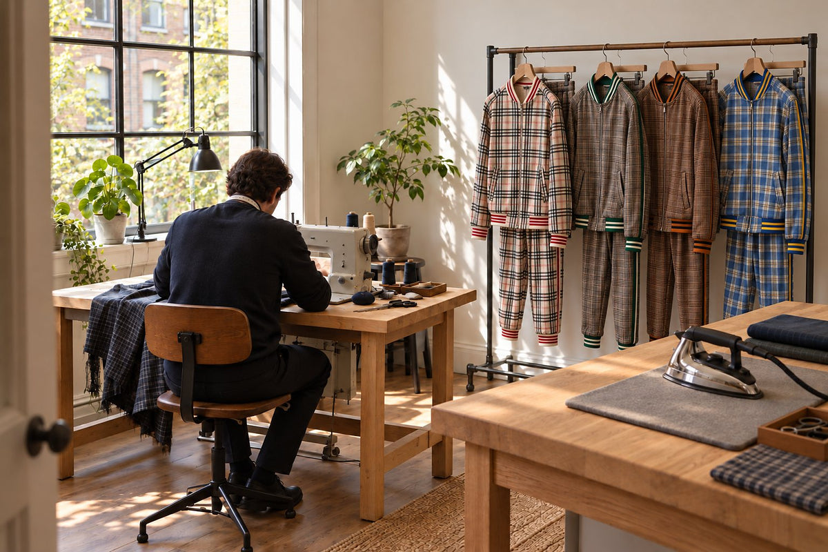 Small tailoring workshop with a sewing machine and finished plaid tracksuits on a rail