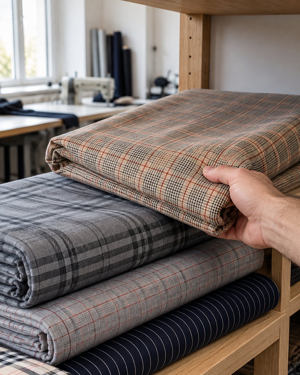Folded plaid, glen check and pinstripe fabrics on a workshop shelf