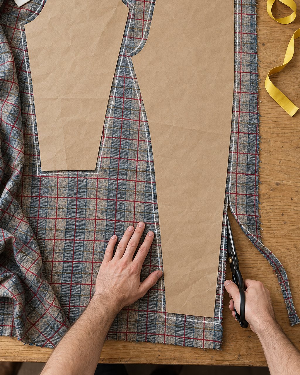 Plaid fabric cut along paper pattern pieces on a cutting table