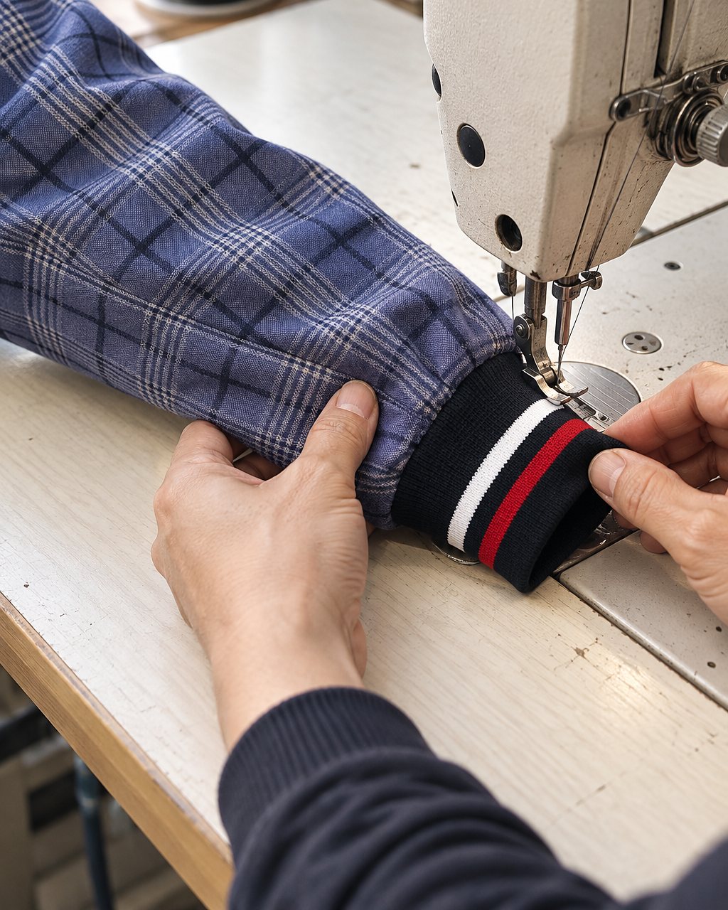 Striped rib cuff being sewn onto a plaid bomber sleeve