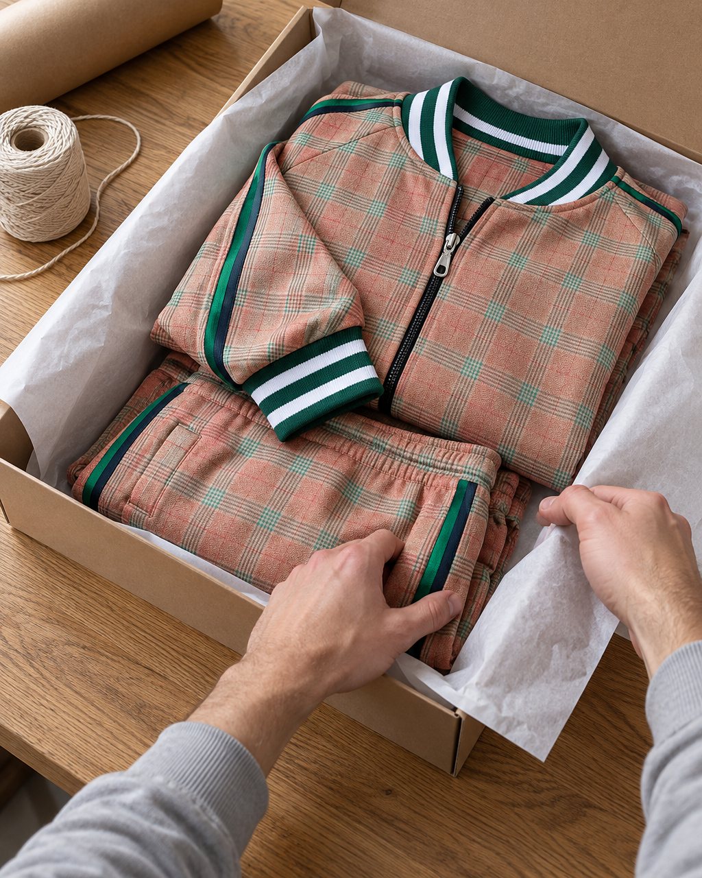 Finished plaid bomber jacket and joggers folded into a shipping box