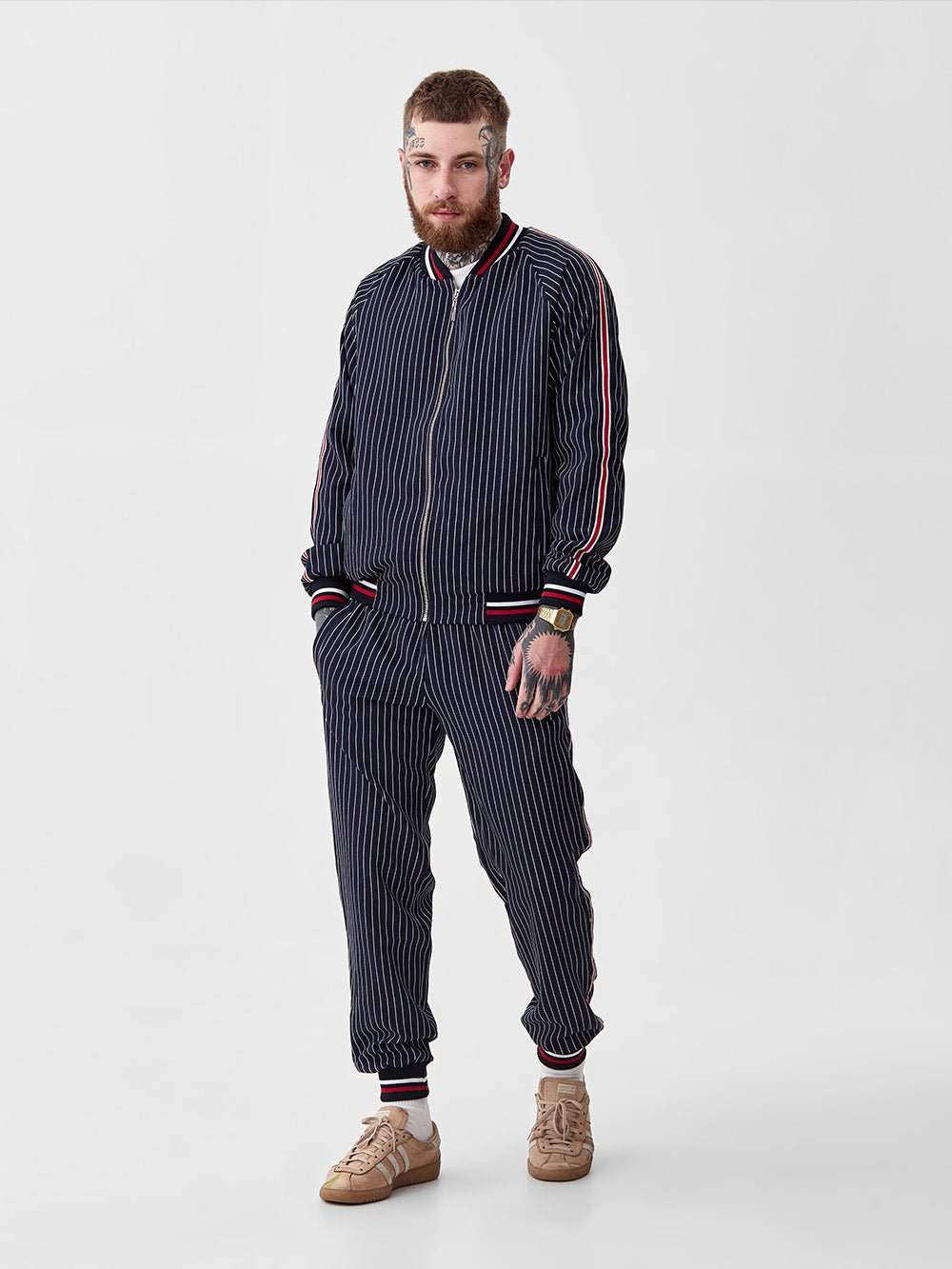 Navy Gangster Gentlemen Tracksuit — pinstripe bomber jacket and joggers, front view