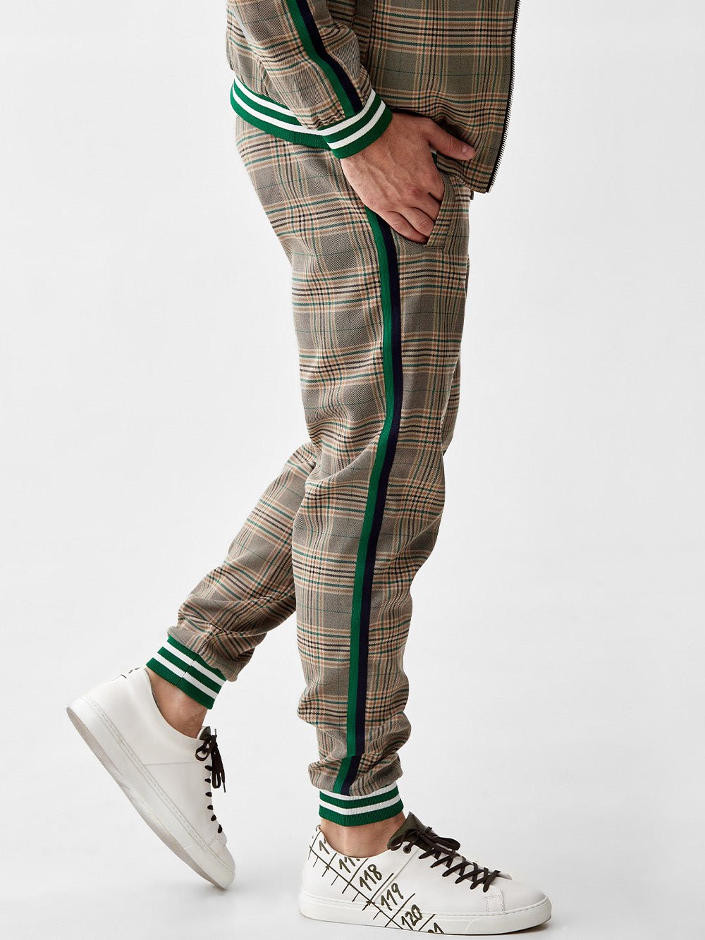 Khaki Glen Plaid Gentlemen Tracksuit — close-up of the joggers with side stripe