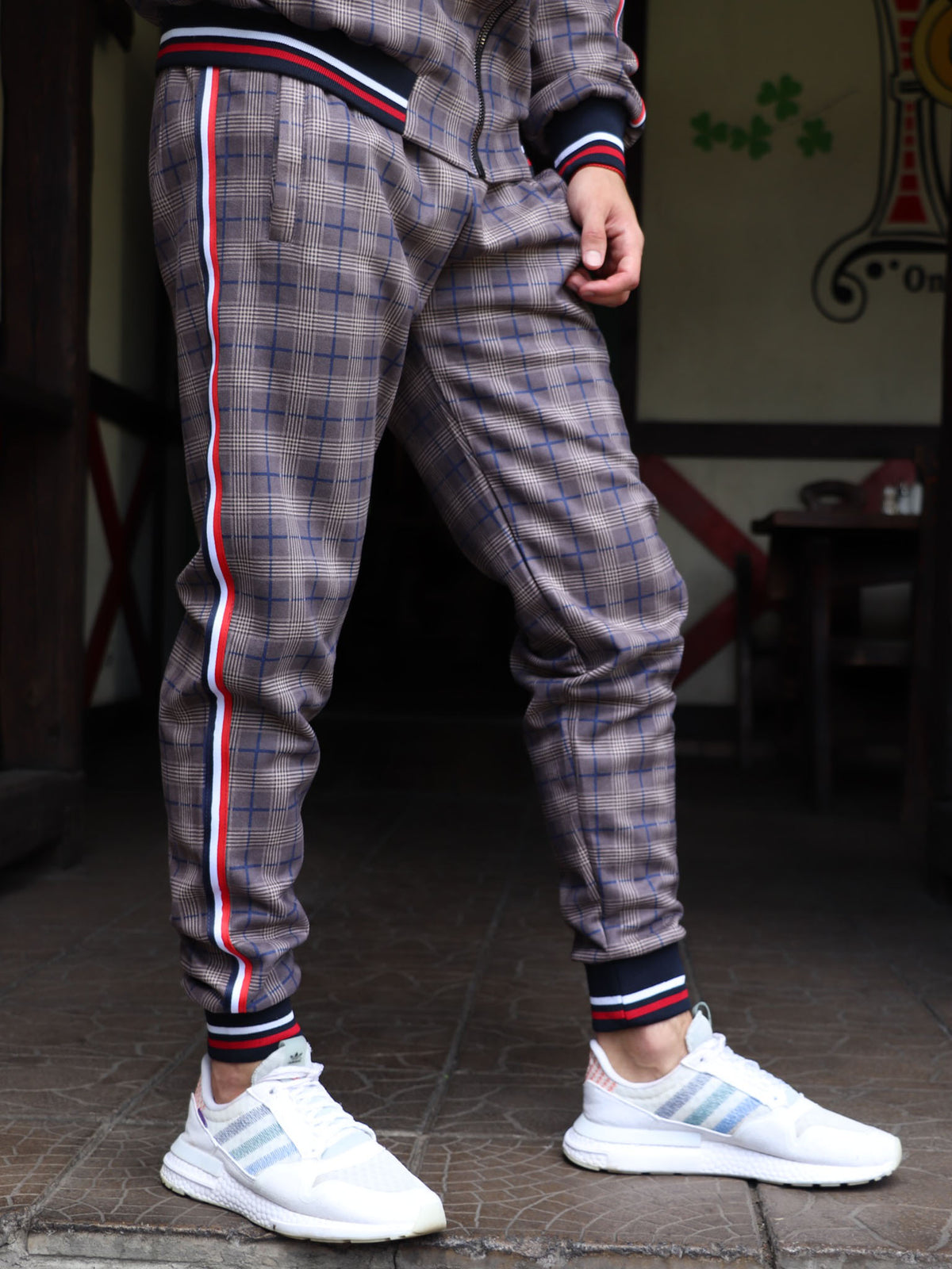 Brown & Grey Plaid Gentlemen Tracksuit — close-up of the joggers with side stripe