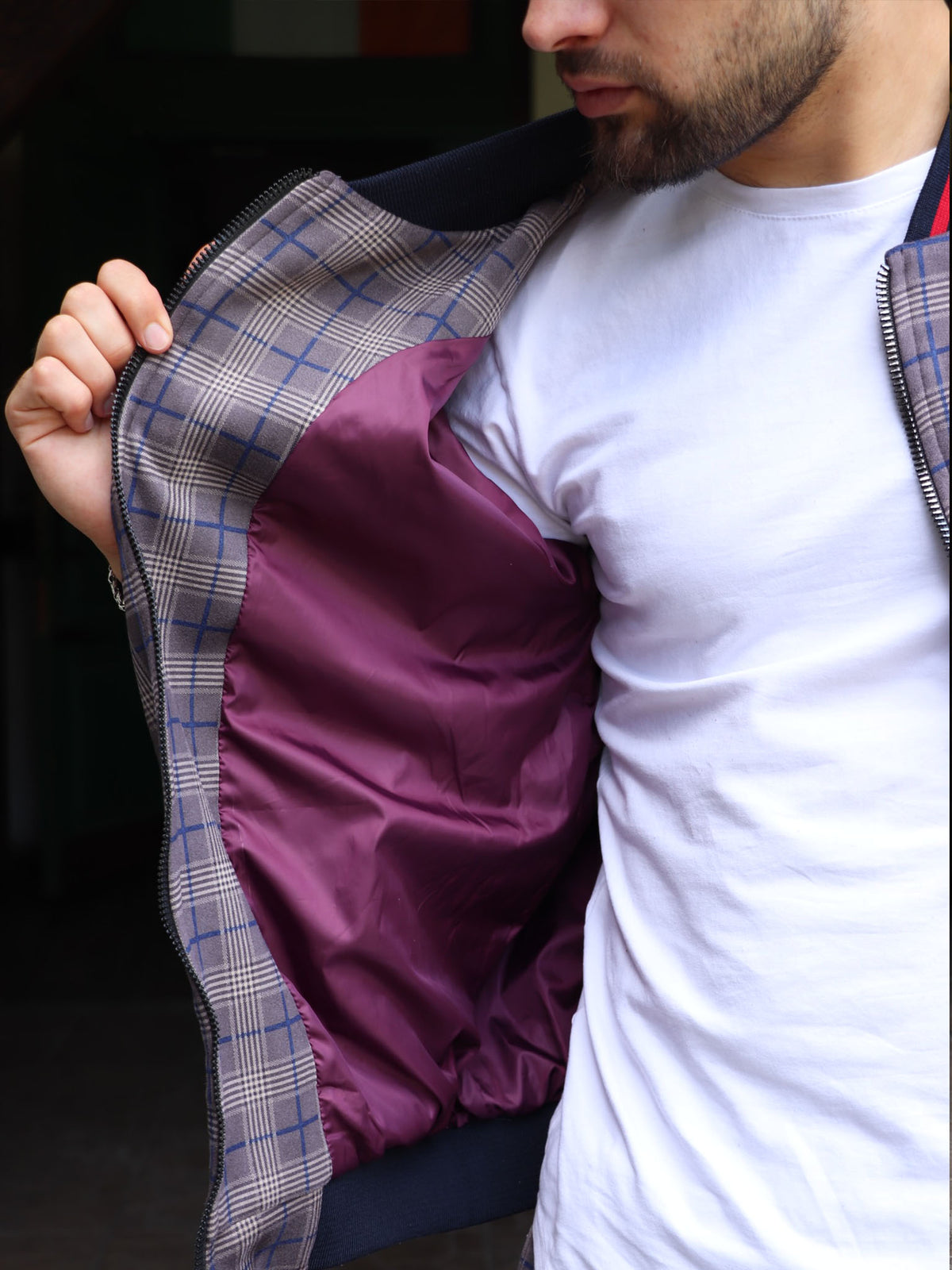 Brown & Grey Plaid Gentlemen Tracksuit — close-up of the jacket lining