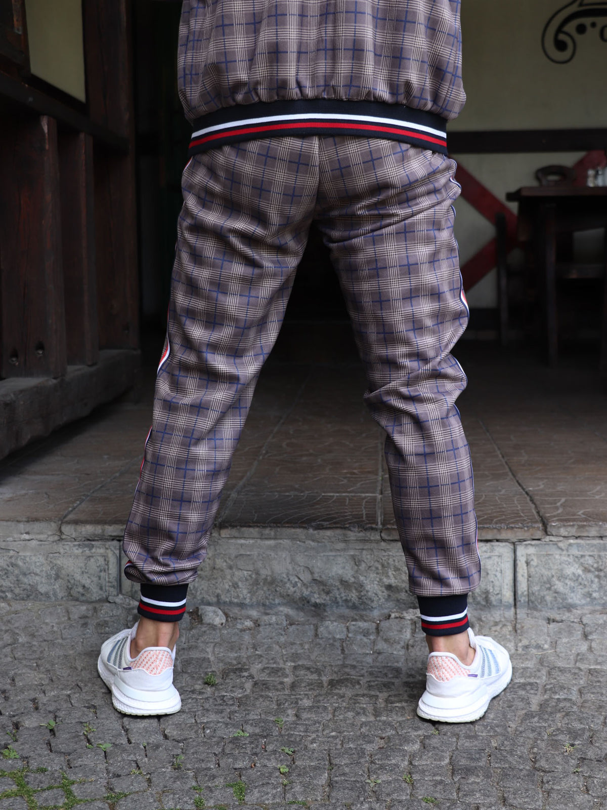 Brown & Grey Plaid Gentlemen Tracksuit — joggers, back view