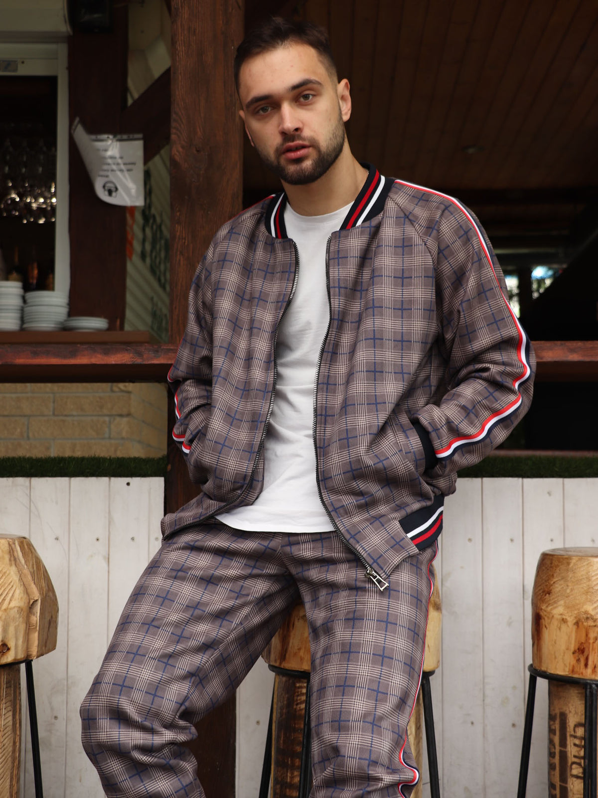 Brown & Grey Plaid Gentlemen Tracksuit — front view, jacket open