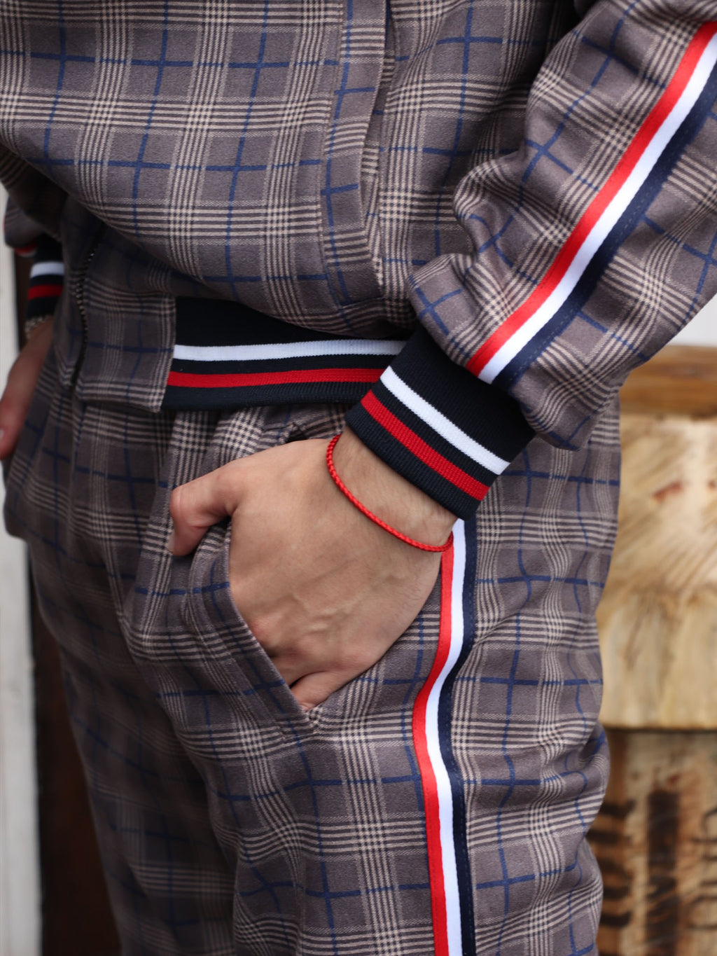Brown & Grey Plaid Gentlemen Tracksuit — close-up of the cuff and pocket
