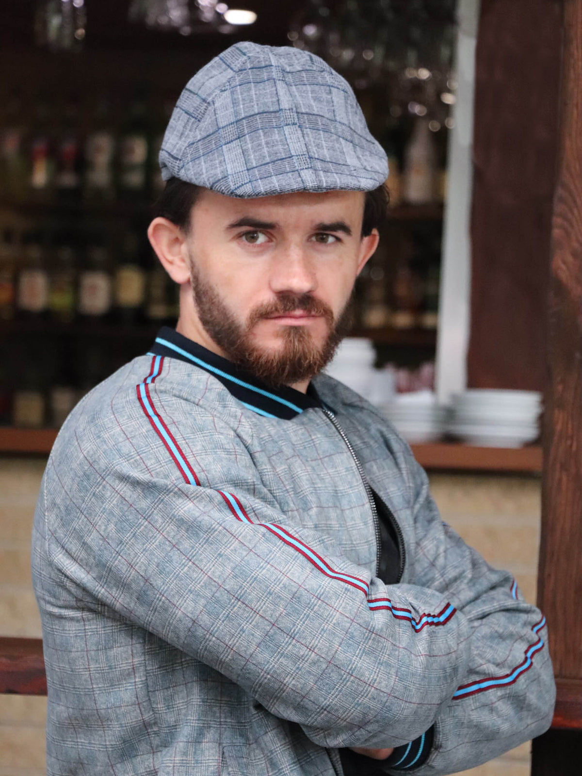 Blue Grey Plaid Flat Cap — on the model, another angle
