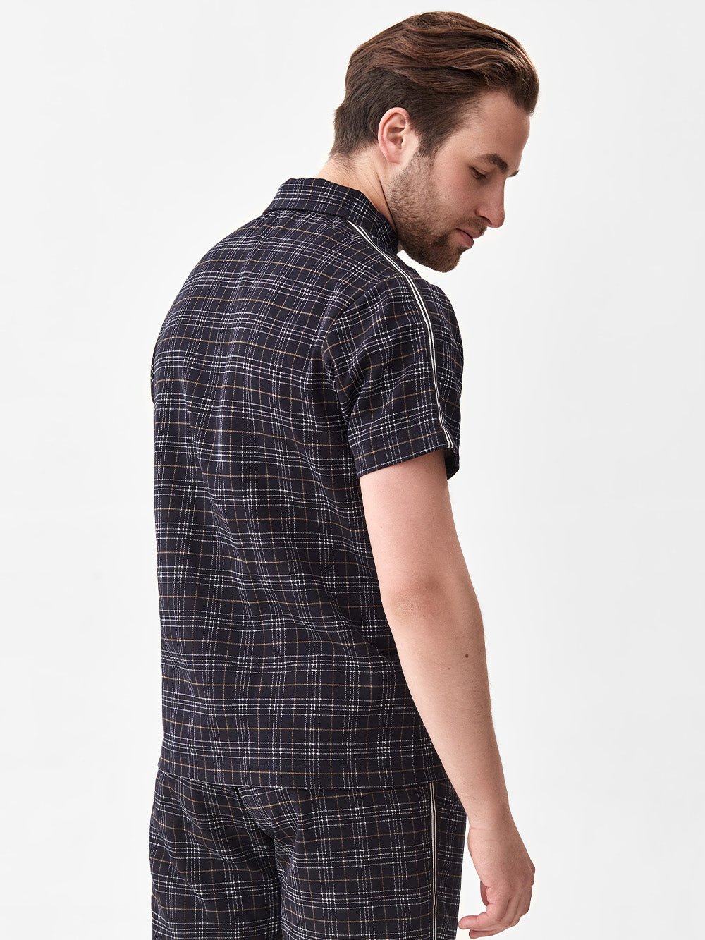 Black Check Summer Set — close-up of the polo shirt, side view