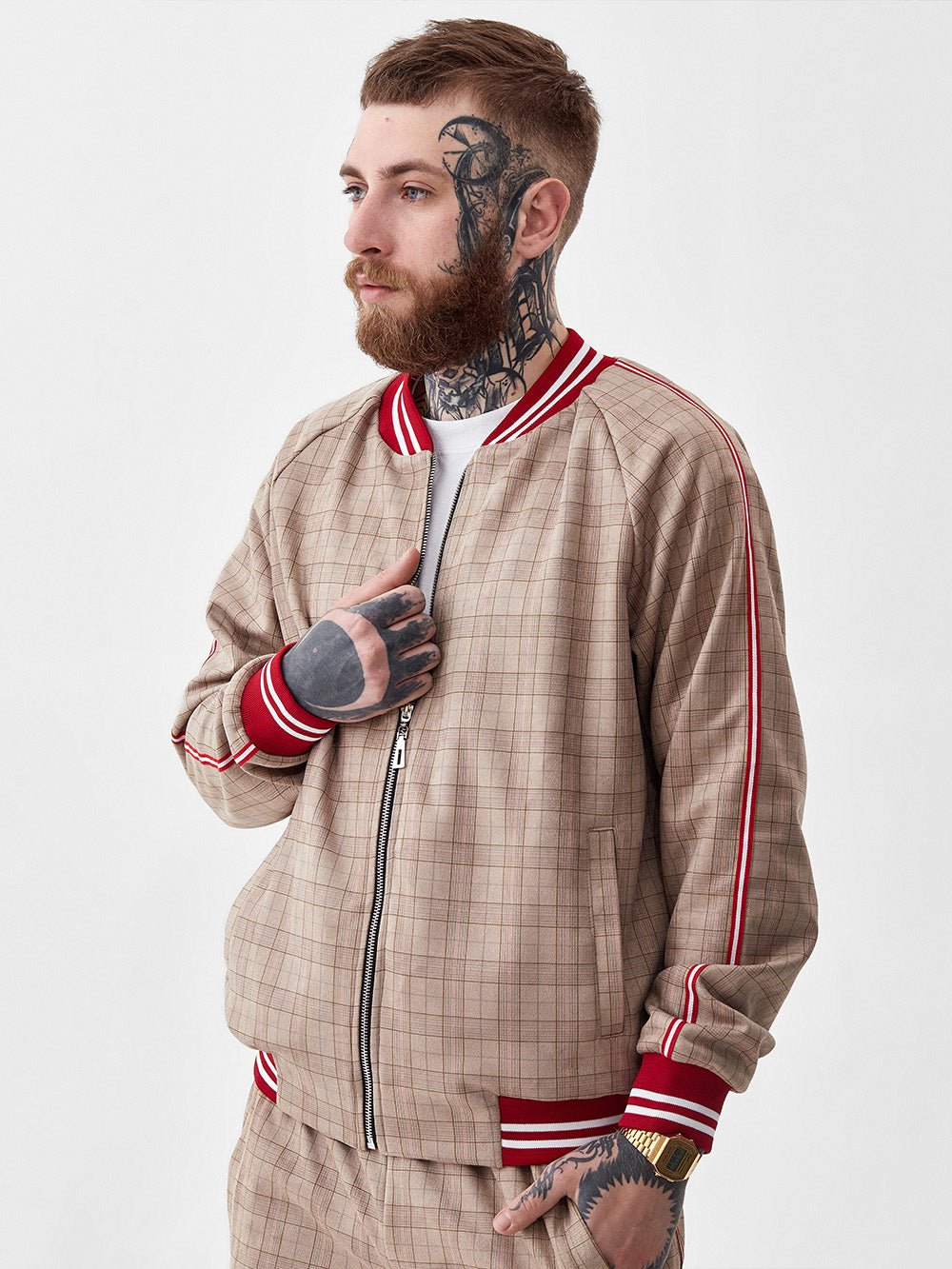 Beige & Red Glen Plaid Gentlemen Tracksuit — close-up of the bomber jacket, three-quarter view